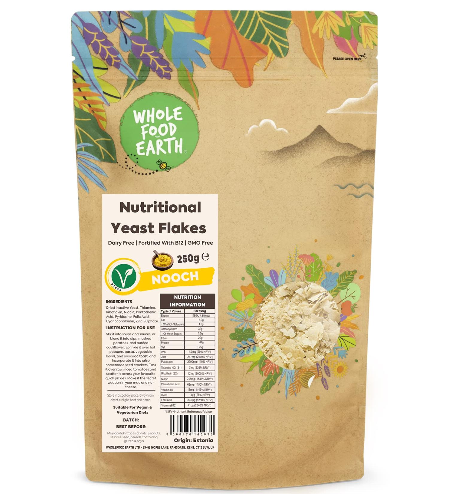 Wholefood Earth Nutritional Yeast Flakes 250g - B12 Enriched, Dairy-Free, GMO-Free, Vegan - Buy Online on GoSupps.com