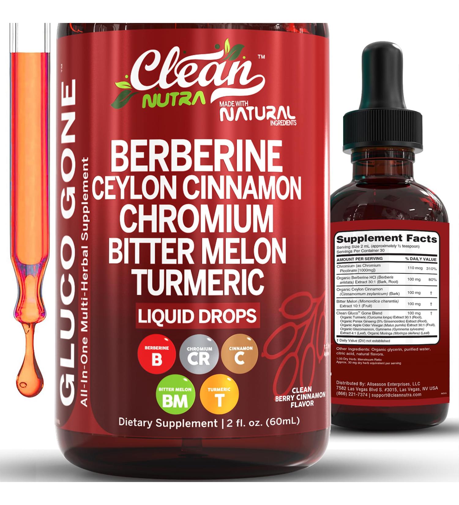 Clean Nutra Berberine with Ceylon Cinnamon Supplement Liquid Drops + Bitter Melon Extract Glucomannan Gymnema Chromium Turmeric Organic Panax Ginseng Moringa GLP-1 Support - Buy Online on GoSupps.com