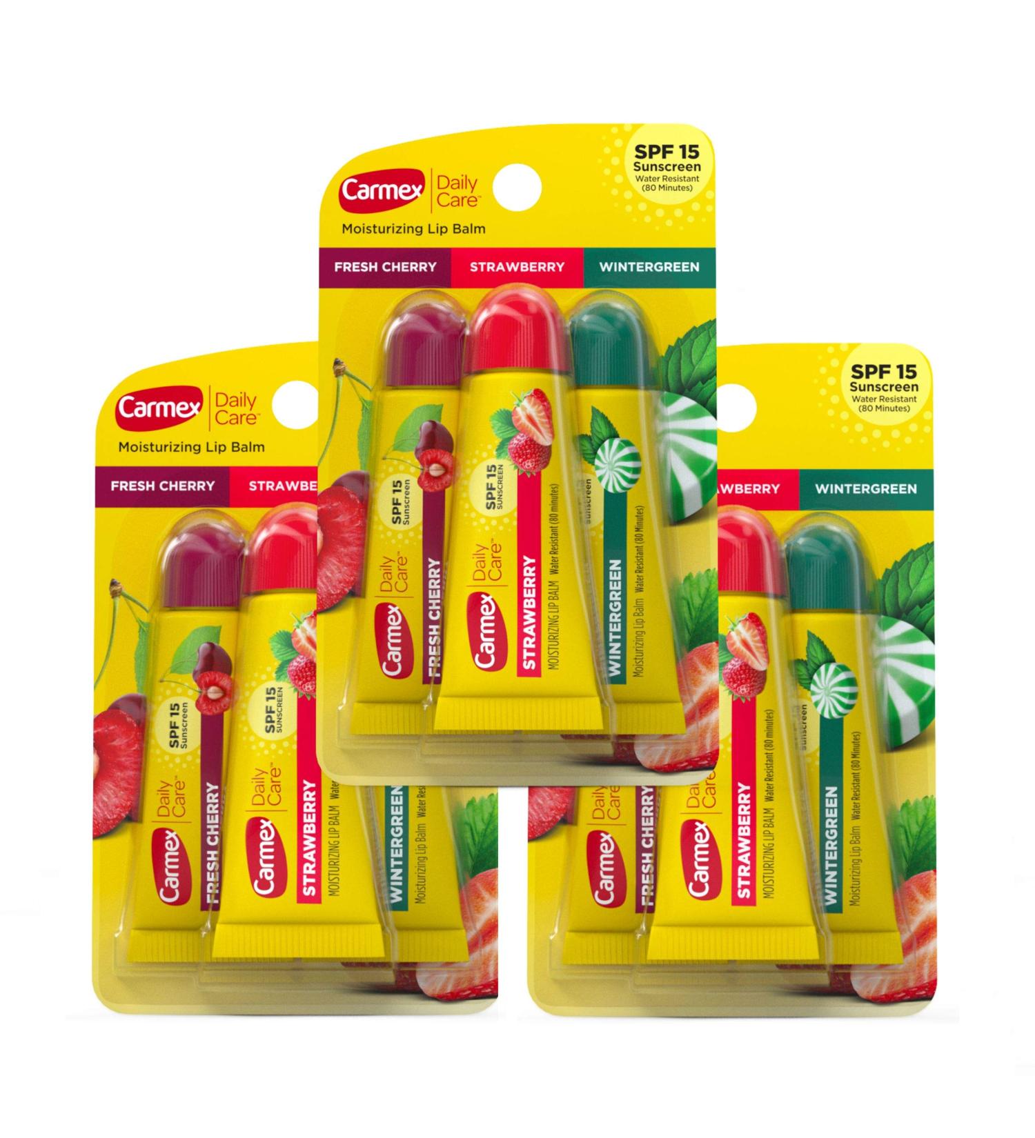 Carmex Daily Care Moisturizing Lip Balm Tubes SPF Fresh Cherry, Strawberry, Wintergreen 0.35 OZ - 3 Pack - Buy Online on GoSupps.com