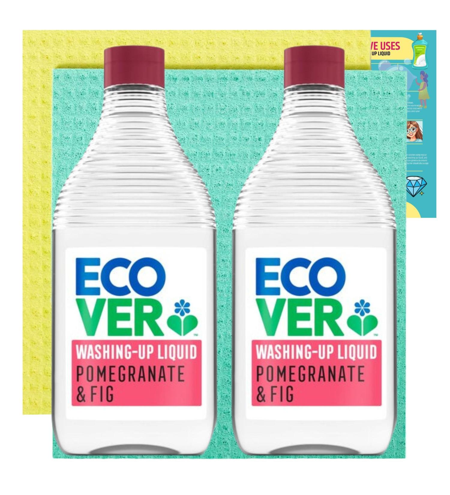 Eco Washing up Liquid Bundle: Ecover Pomegranate & Fig 450ml (x2) + Biodegradable Sponge Cloths (x2) + JenBurr Leaflet - Buy Online on GoSupps.com