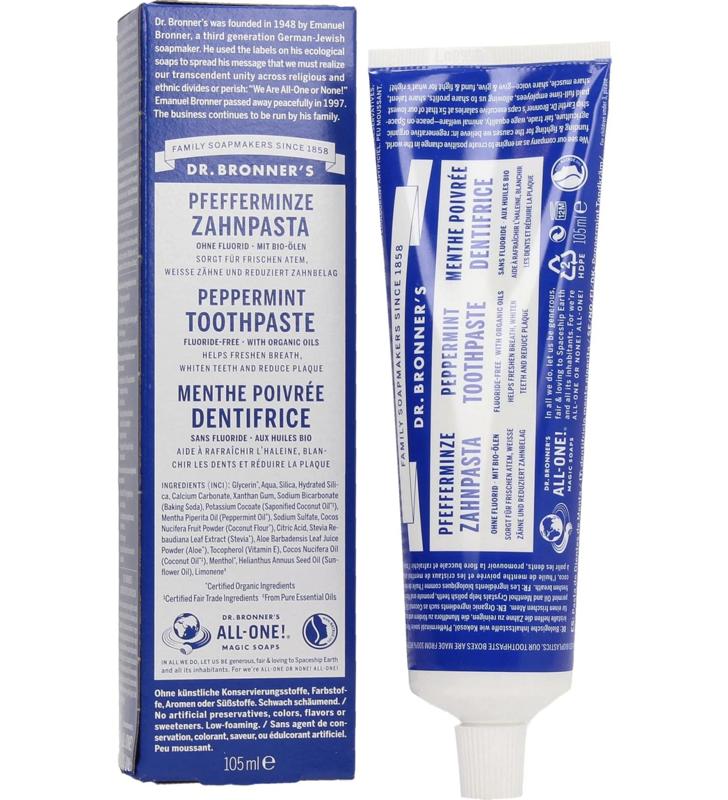 Dr.Bronner's toothpaste peppermint |Without flourid |Vegan |With organic and fairtrade coconut oil |105 ml (1 x 105 ml) 105 ml (1 Pack)