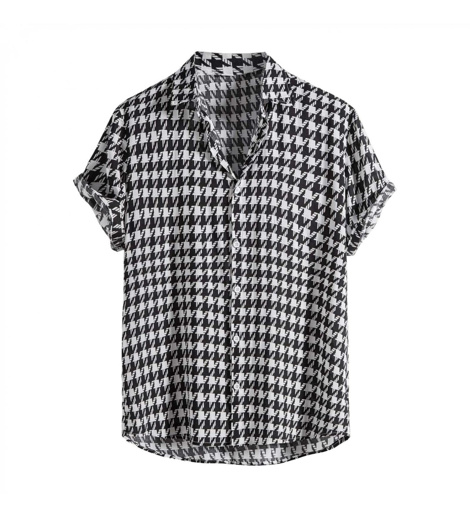 Aayomet Men's Houndstooth Pattern Turn Down Collar Casual Tee Shirt - Black - XX-Large - Buy Online on GoSupps.com