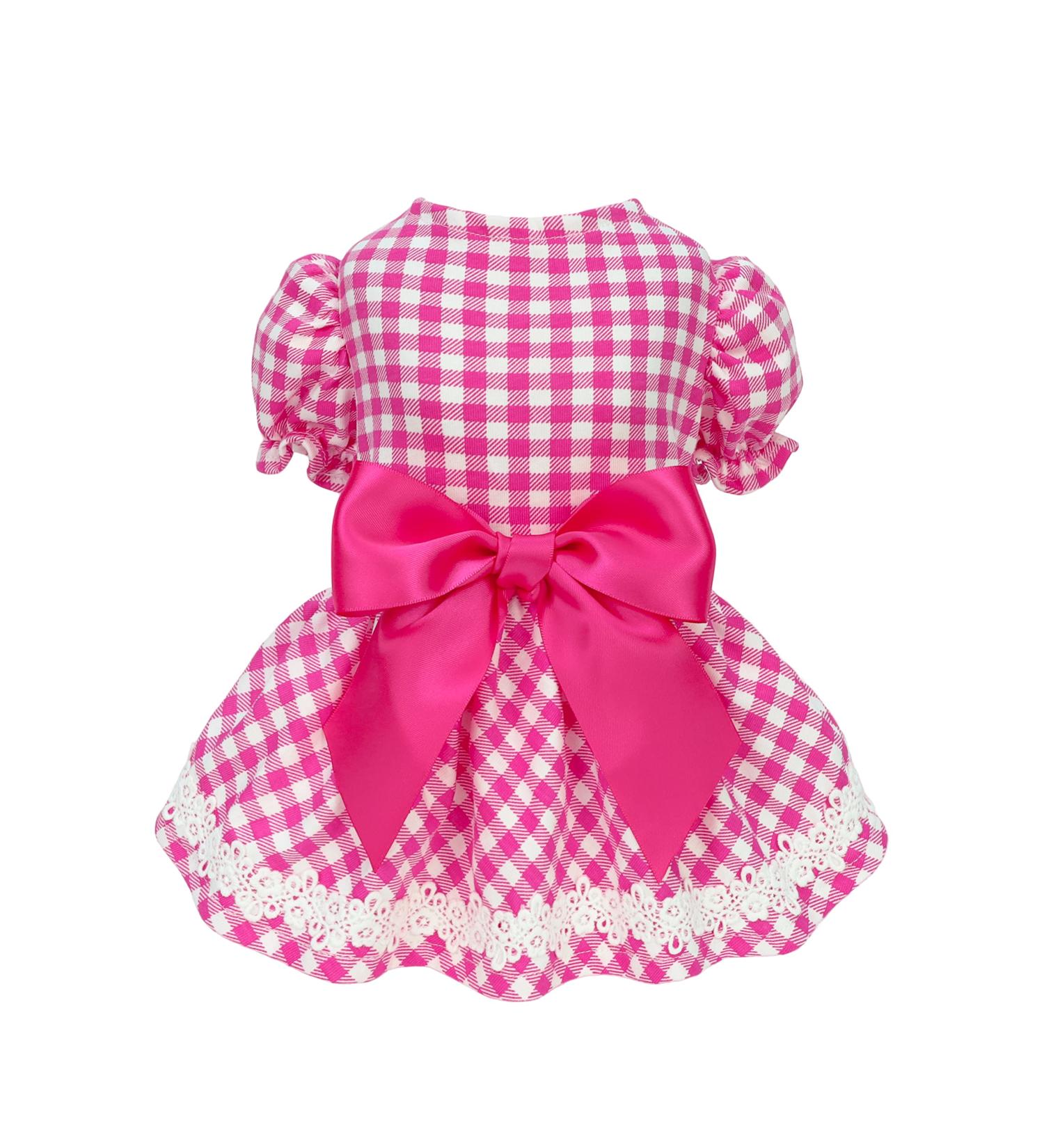 Fitwarm Gingham Plaid Dog Dress with Puff Sleeve - Hot Pink, Size XXS | Summer Clothes for Small Dogs Girl | Pet Cat Outfit - Buy Online on GoSupps.com