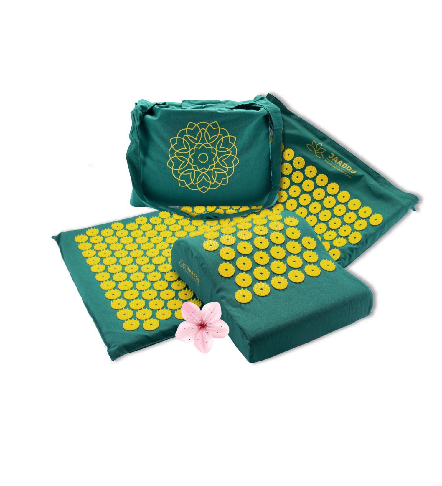 Acupressure Mat with Pillow for Beginners - Memory Foam Comfort 100% Cotton Cover - Battery Compound Green 68x42 cm - Ultimate Relaxation - Buy Online on GoSupps.com