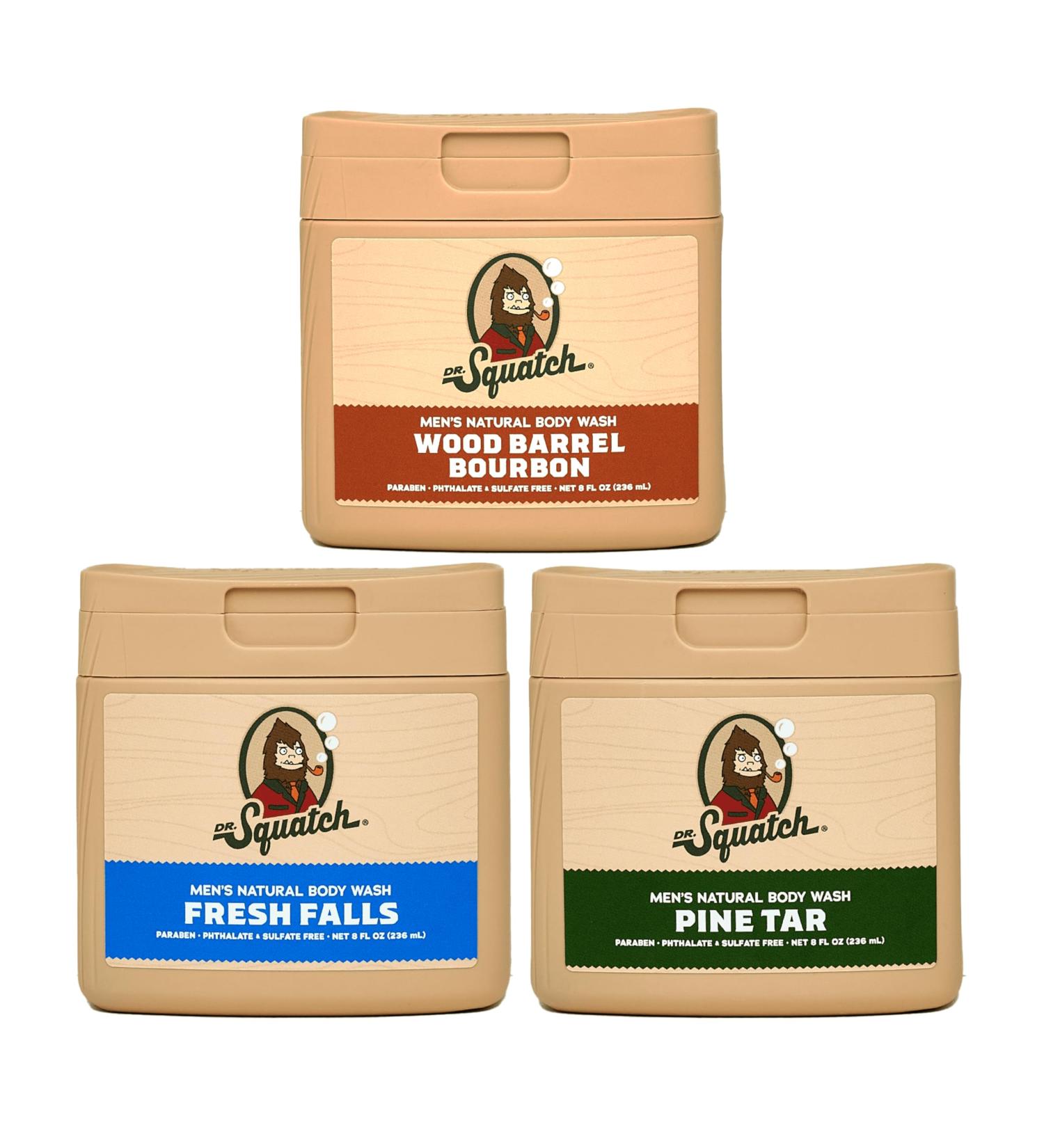 Dr. Squatch NEW Body Wash for Men with Nourishing Natural Ingredients | No Paraben Phthalate Sulfate | All Day Moisturization | Pine Tar Wood Barrel Bourbon & Fresh Falls (8 oz 3-Pack) Rustic Retreat - Buy Online on GoSupps.com