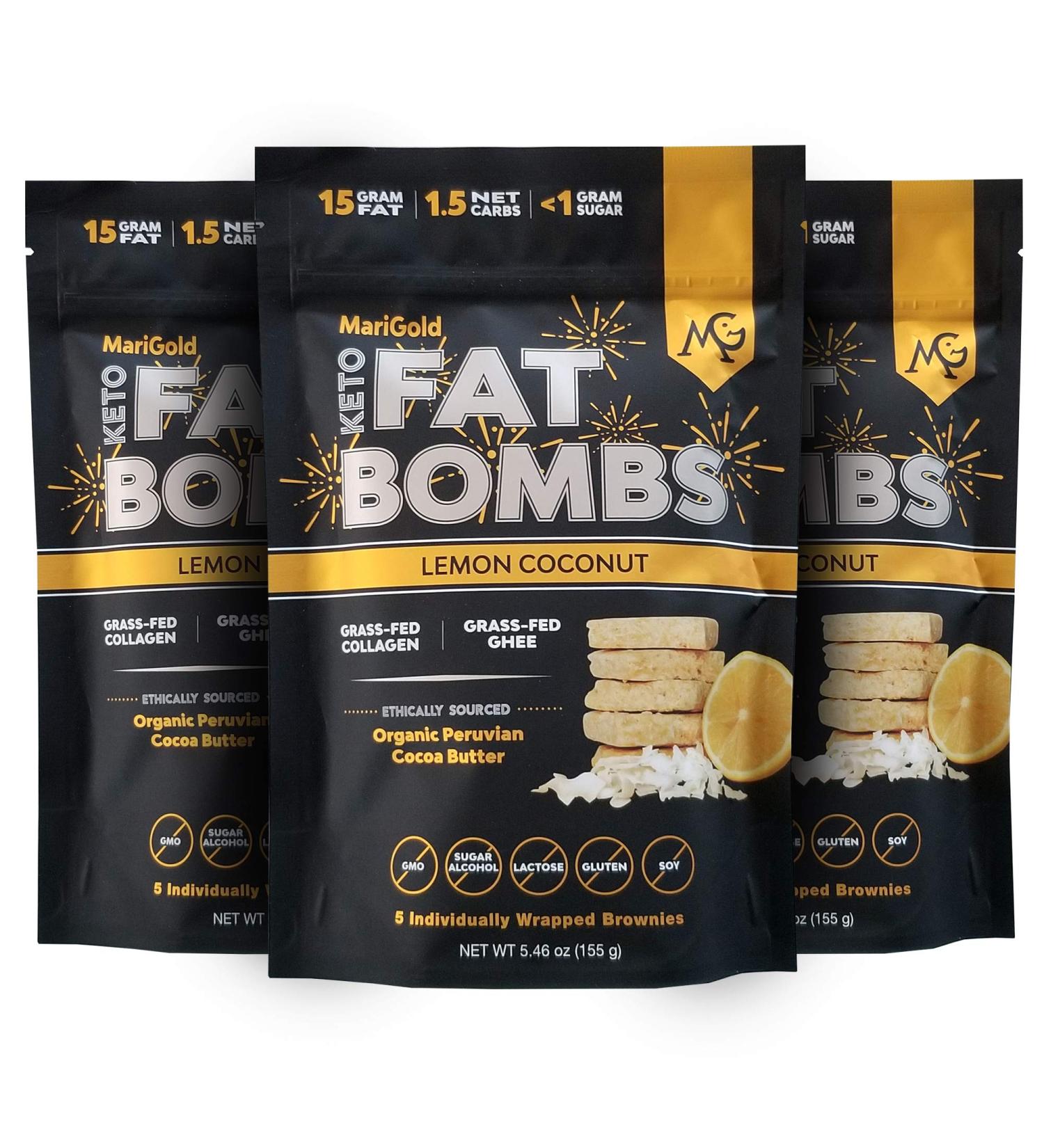 MariGold Keto Fat Bombs - Lemon Coconut Flavor - Low Carb, Collagen Rich, Grass-fed Ghee, Organic Cocoa Butter - Gluten-Free & Non-GMO - 3 Bags, 5 Servings Each - Buy Online on GoSupps.com
