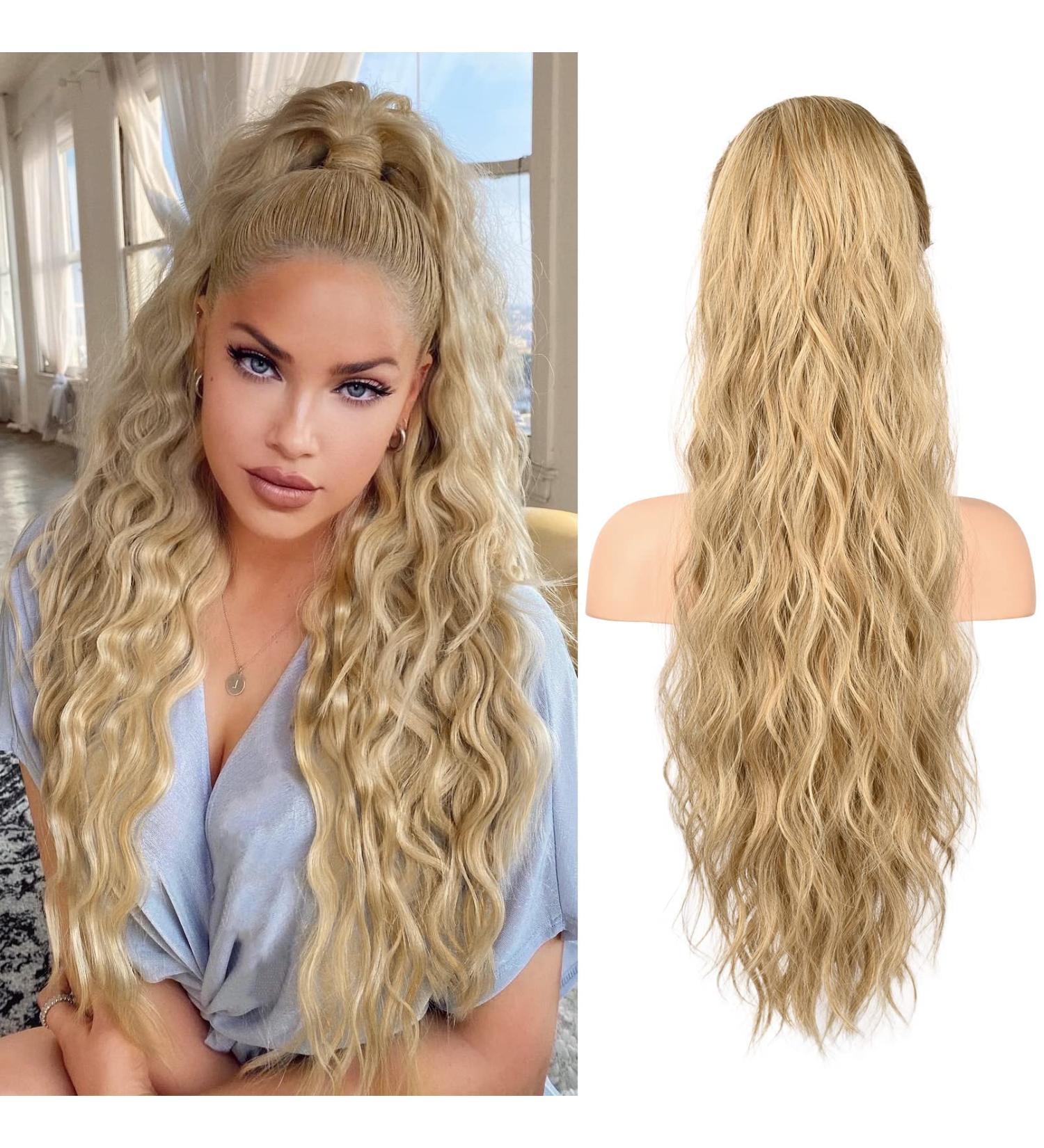 FLUFYMOOZ 26 Inch Golden Blonde Ponytail Extension - Long Curly Wavy Drawstring Hairpiece for Women - Buy Online on GoSupps.com