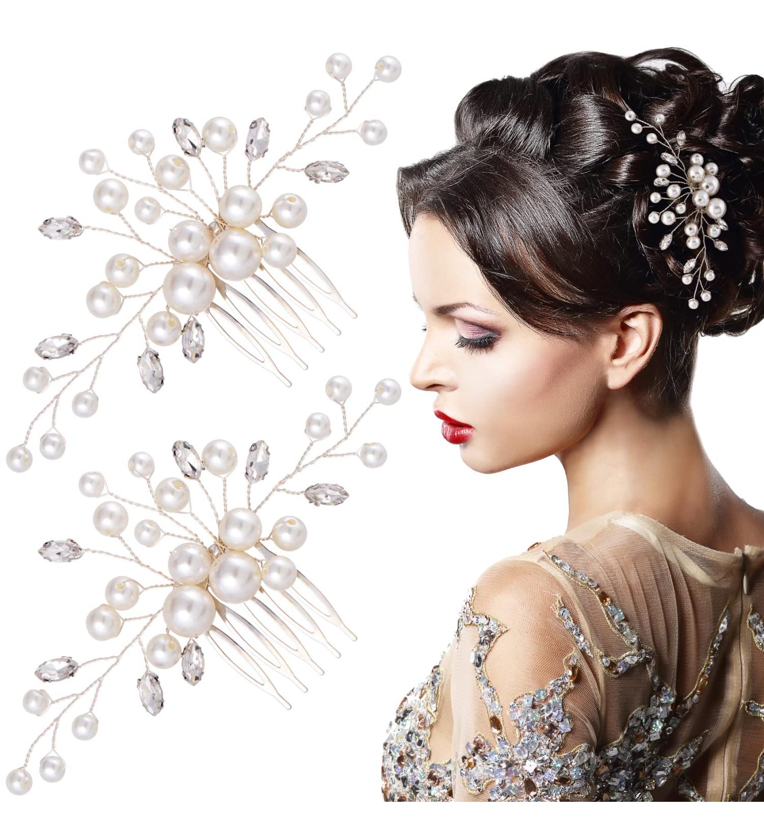 PAGOW Pearl Rhinestone Hair Comb Set - Crystal Flower Hairpieces for Women - Bridal Wedding Accessories (Silver White) - Buy Online on GoSupps.com
