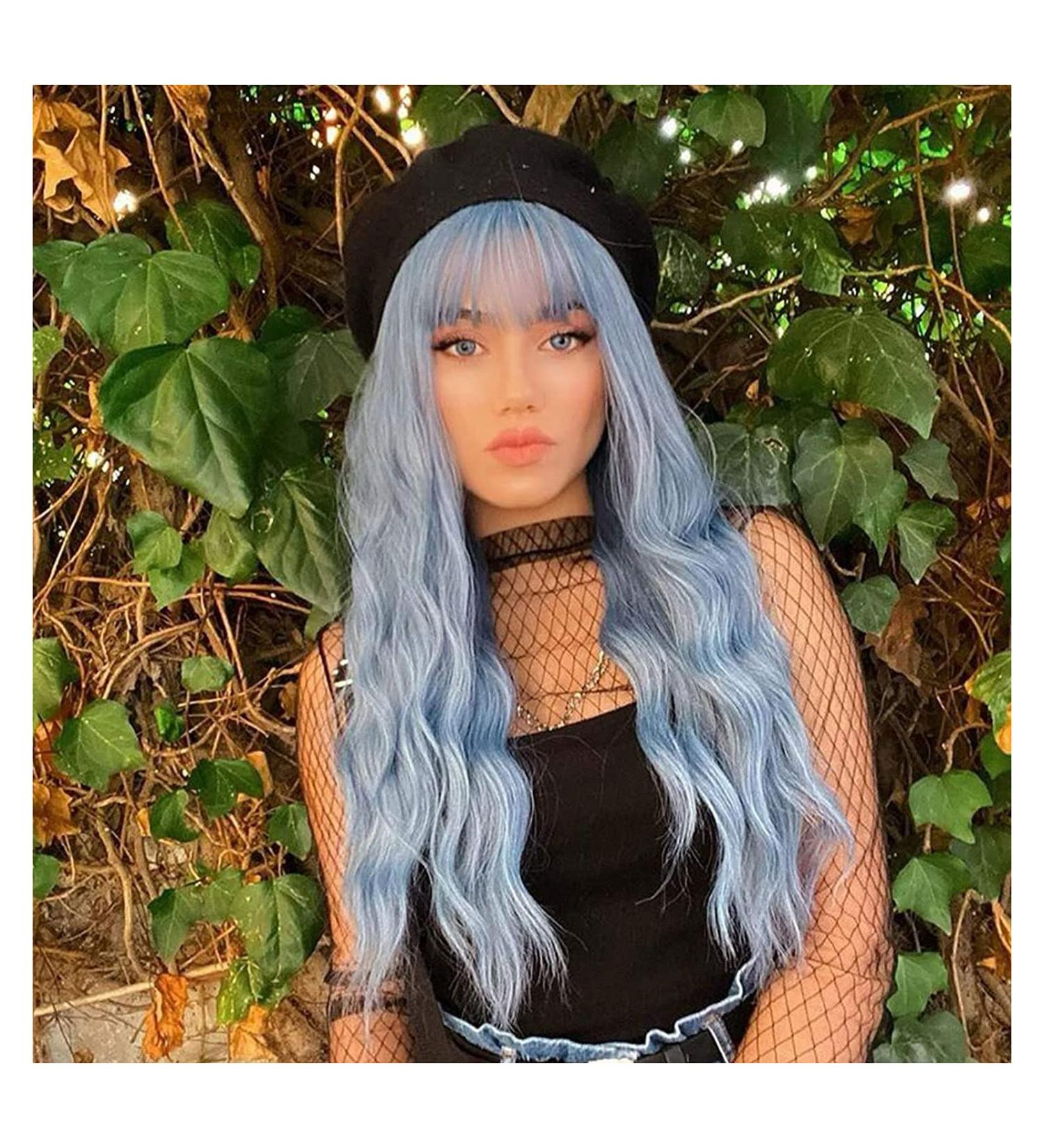 Long Blue Wig for Women | Qaccf Long Wavy Fluffy Curly Pelucas in Light Blue Color - Realistic Fun Bang for Girls - Buy Online on GoSupps.com