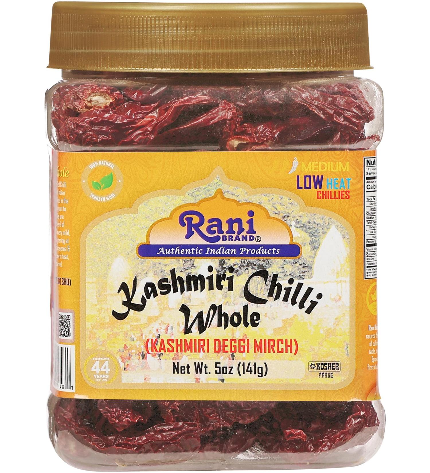 Rani Kashmiri Chilli Whole Stemless 5oz PET Jar - Low Heat, Natural & Salt-Free | Vegan | NON-GMO | Kosher - Indian Origin (141g) - Buy Online on GoSupps.com