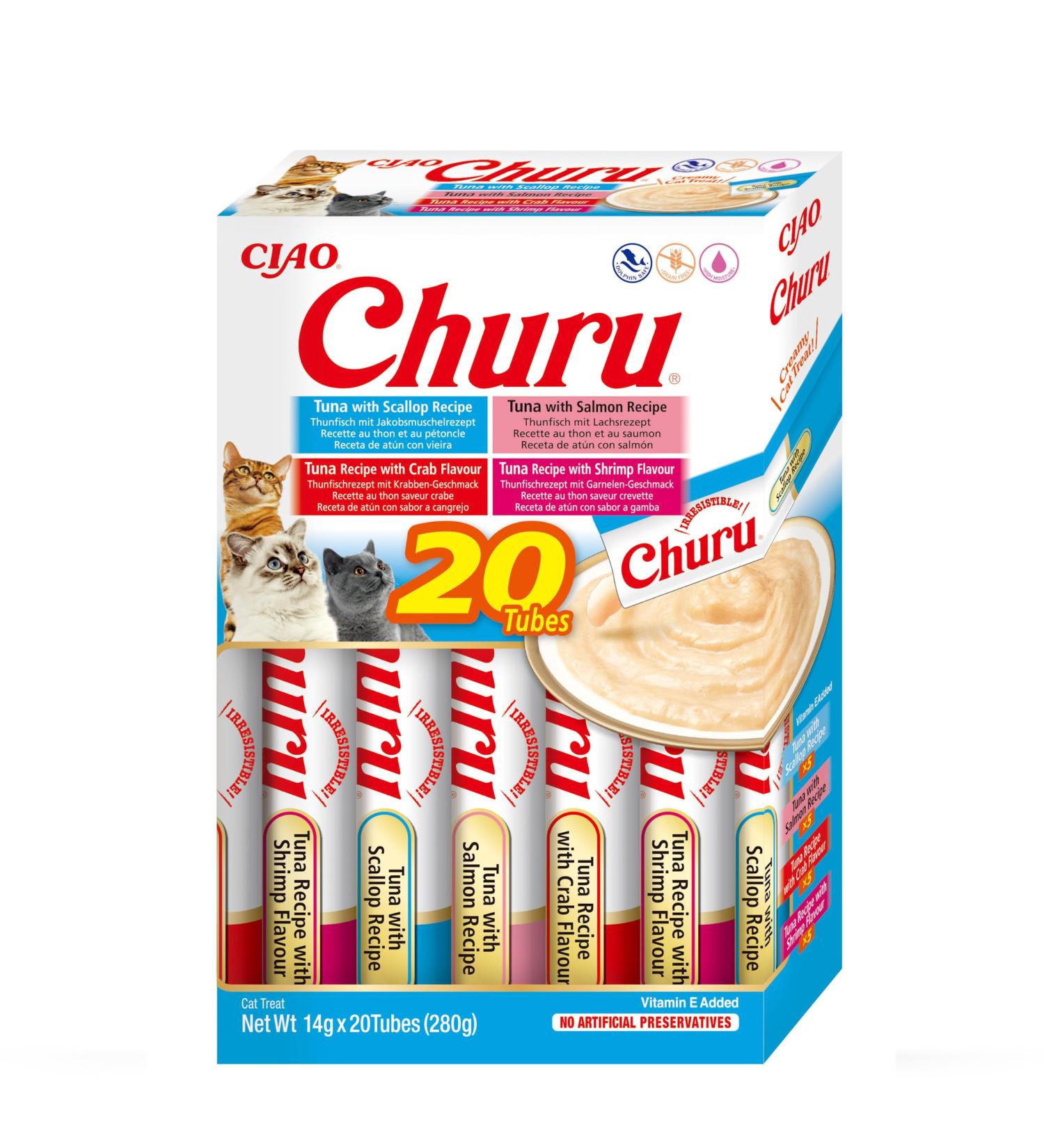 Inaba Churu Puree Multipack 20 Tubes (5x Tuna & Salmon 5x Tuna & Shrimp 5x Tuna & Scallops 5x Tuna & Crab) | Gourmet Cat Treats - 280g - Buy Online on GoSupps.com