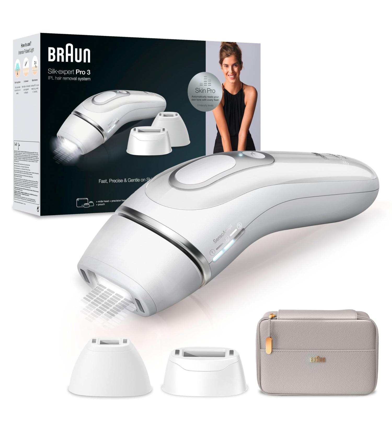 Braun IPL SILK Expert Pro 3 hair removal device women/men 3 attachments visible hair removal designed in Germany storage bag alternative to laser hair removal PL3230 white/silver Alt - PL3230