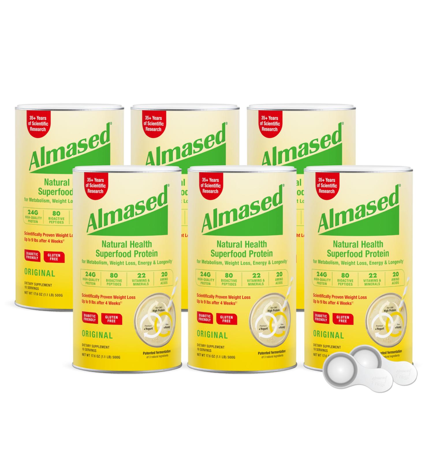 Almased Health Superfood Protein Powder for Weight Loss Meal Replacement Shake high protein Complete nutrition (Original Flavor 6 Cans 17.6 oz ea + scoop + 700ml Shaker Bottle) - Buy Online on GoSupps.com