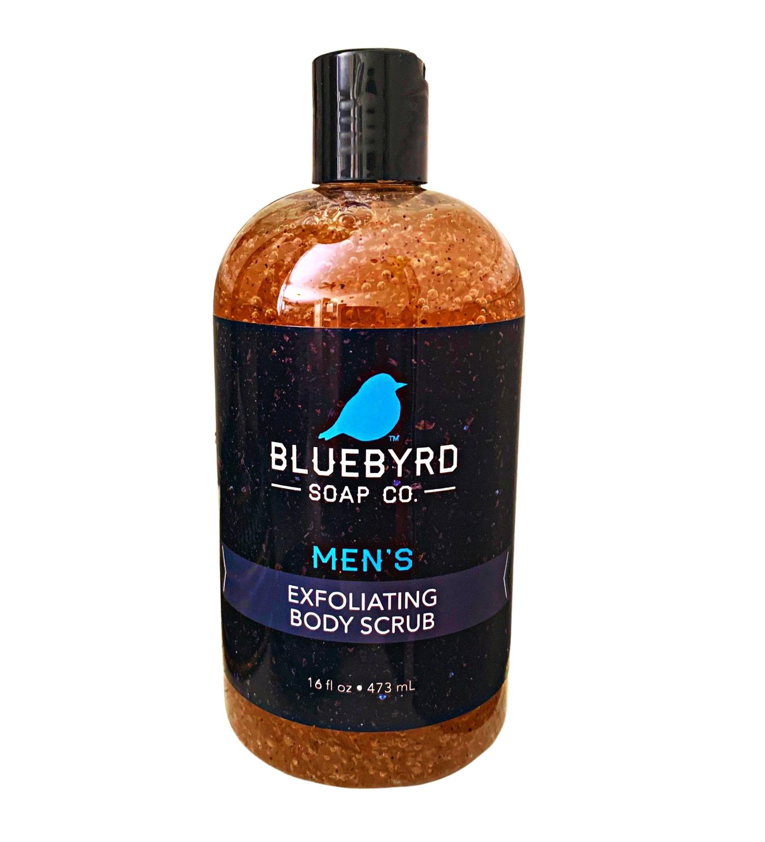 BLUEBYRD Soap Co. Men's Exfoliating Body Scrub Liquid Gel 16oz - 2-in-1 Body Wash & Scrub | With Loofah, Cocoa Bean Shells & Apricot Seed - Buy Online on GoSupps.com