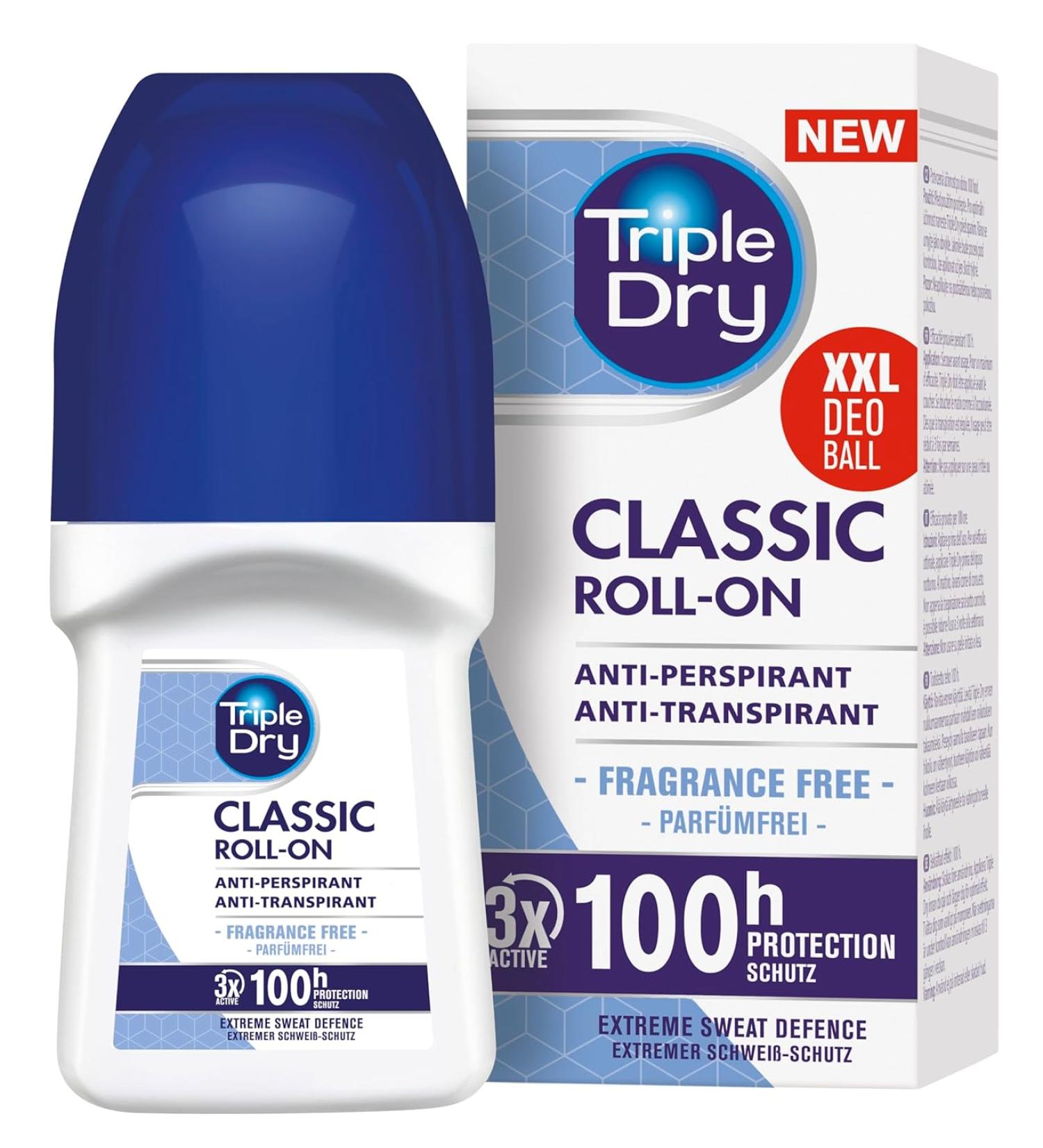 Triple Dry Antiperspirant Roll-On 50ml - Triple Dry - Antibacterial Deodorant for 72h Protection - Fragrance-Free Antiperspirant - Buy Online on GoSupps.com