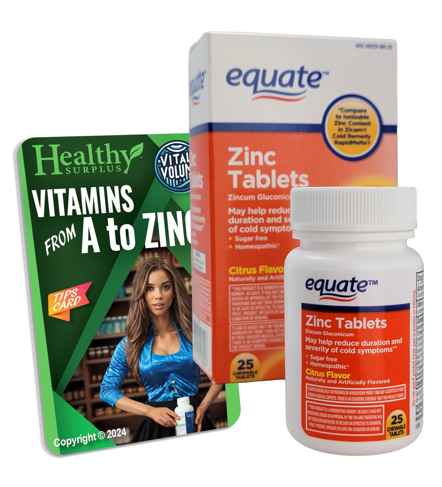Equate Zinc Tablets Zincum Gluconicum - Citrus Flavor - 25 Chewable Tablets and Vital Volumes A to Zinc Tips Card Bundle - Buy Online on GoSupps.com