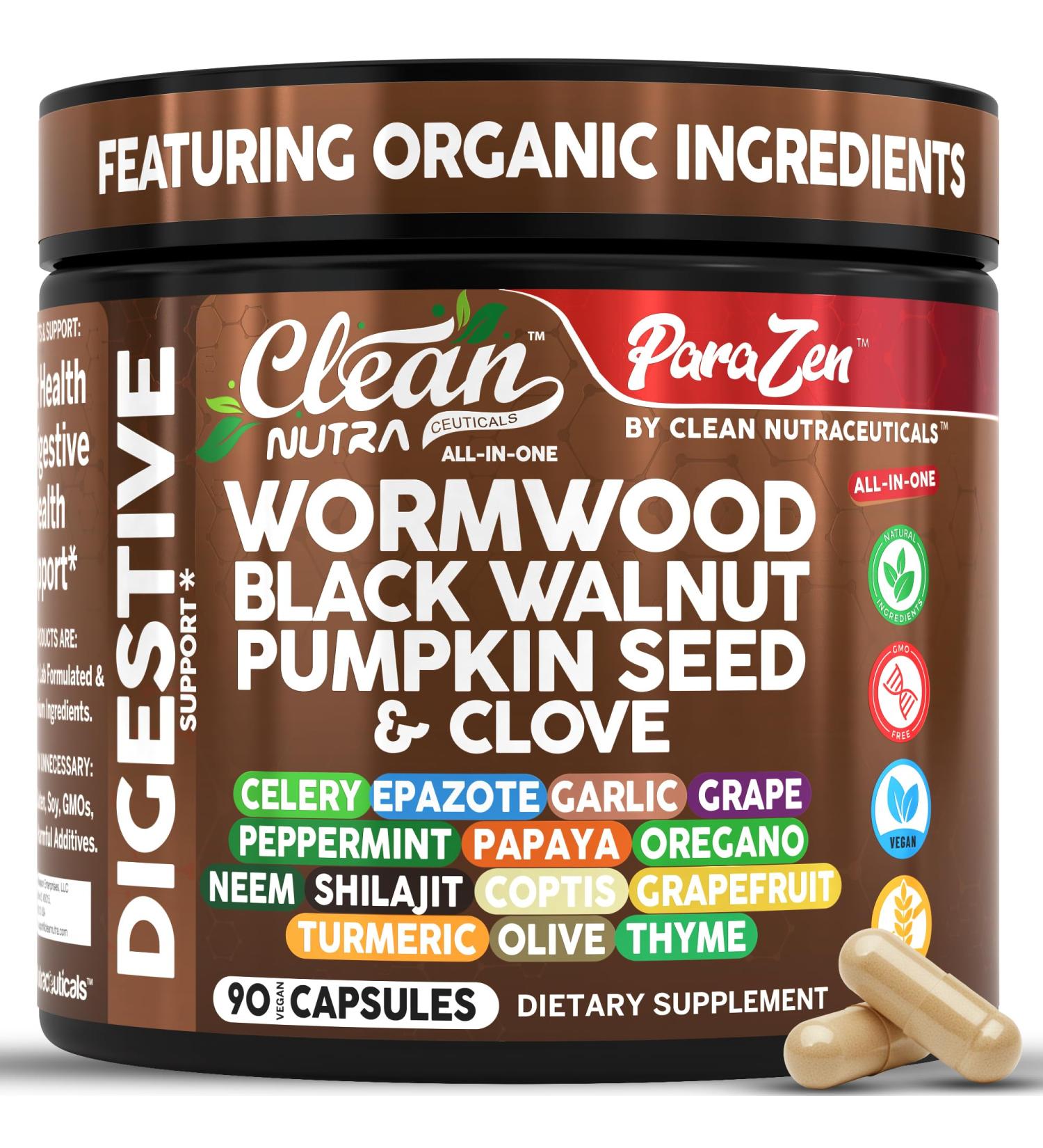 Clean Nutra Wormwood Black Walnut Pumpkin Seed Clove Oil Celery Garlic Grape Papaya Neem Diatomaceous Earth Womens Probiotic Gut Health Cleanse Detox Oregano Olive Turmeric Supplement Vegan Capsules - Buy Online on GoSupps.com