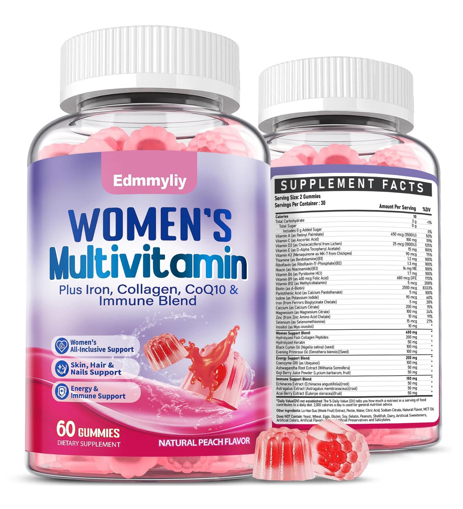 Multivitamin for Women Gummy Vitamins - Methylated B Complex with Iron, Calcium, Collagen, Biotin, Vitamin A, C, E, D3, Inositol - Womens Multivitamin Gummies for Skin, Energy & Immune Health Peach 60 Count (Pack of 2) - Buy Online on GoSupps.com