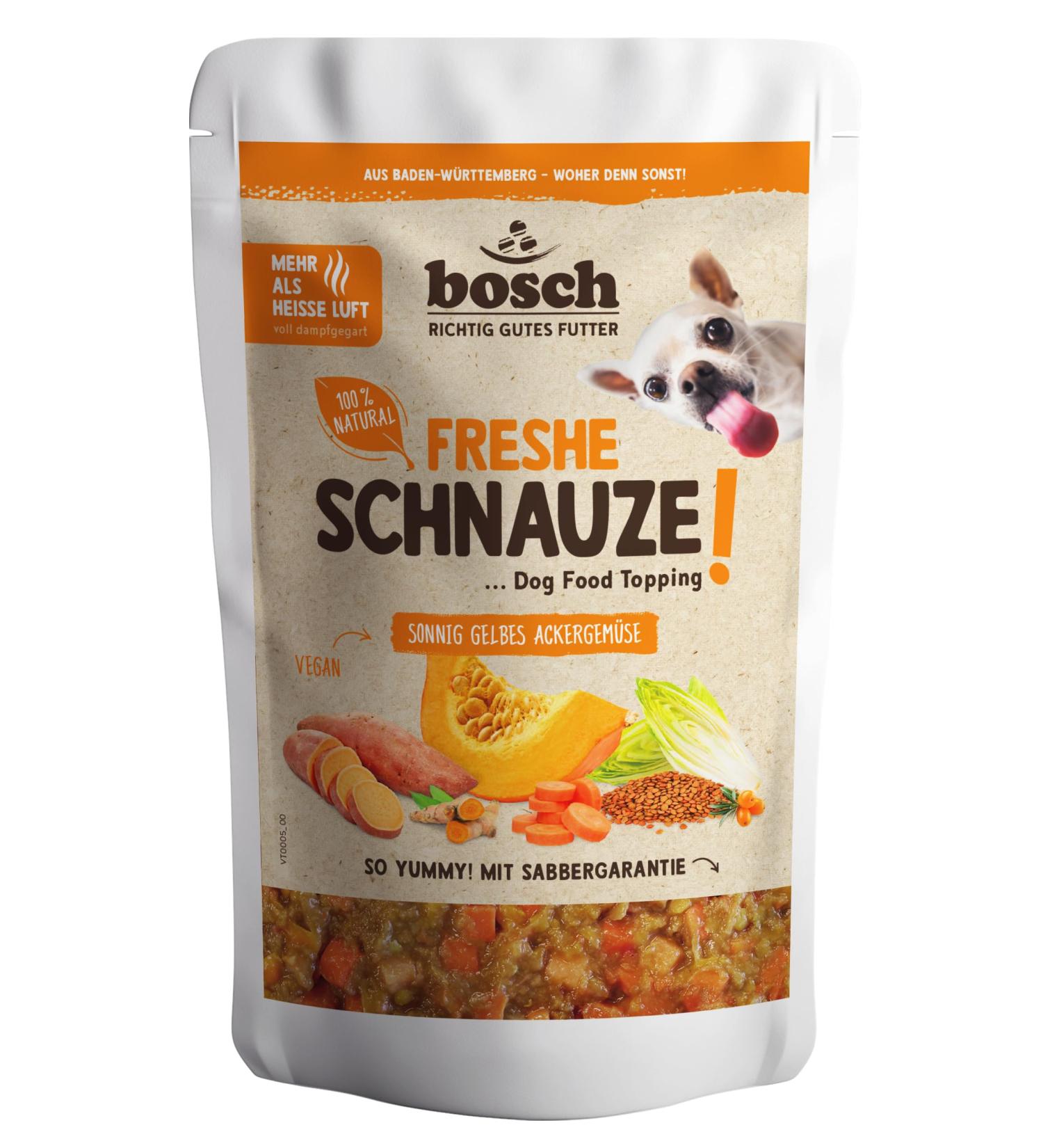 Bosch Freshe Schnauze Sunny Yellow Field Vegetables 1 x 200 g | Topping for Dog Food | Suitable for Dry and Wet Food | with Fresh Pumpkin Carrots Potatoes - Buy Online on GoSupps.com
