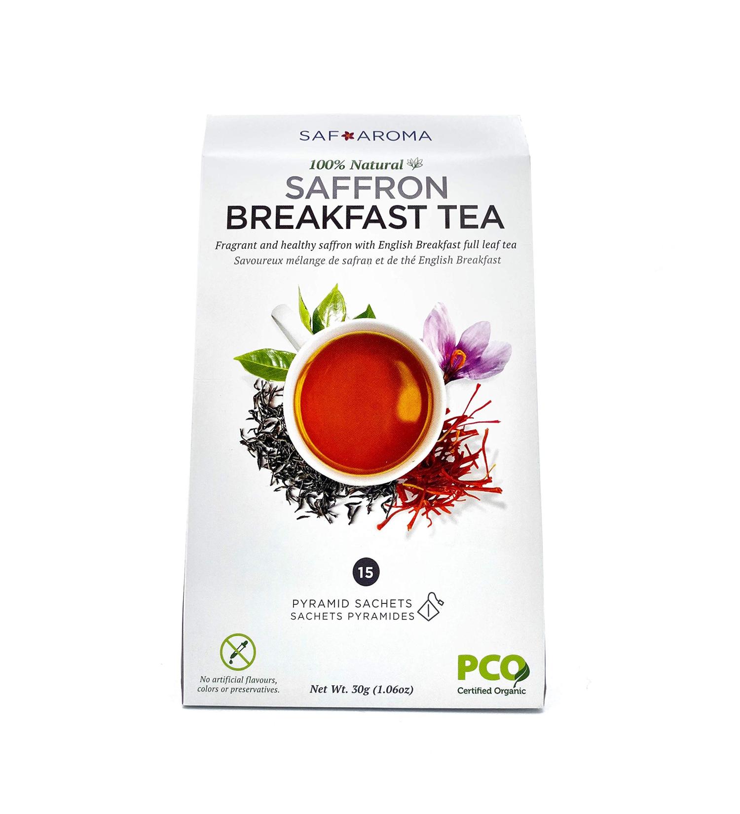 Safaroma Saffron Breakfast Tea - Organic Non-GMO and Ethically Sourced - Containing Premium Red Afghan Saffron Stigmas by Safaroma (30g - 15 Sachets) 1 Pack - 15 Sachets (Transparent & Naturally Made) - Buy Online on GoSupps.com