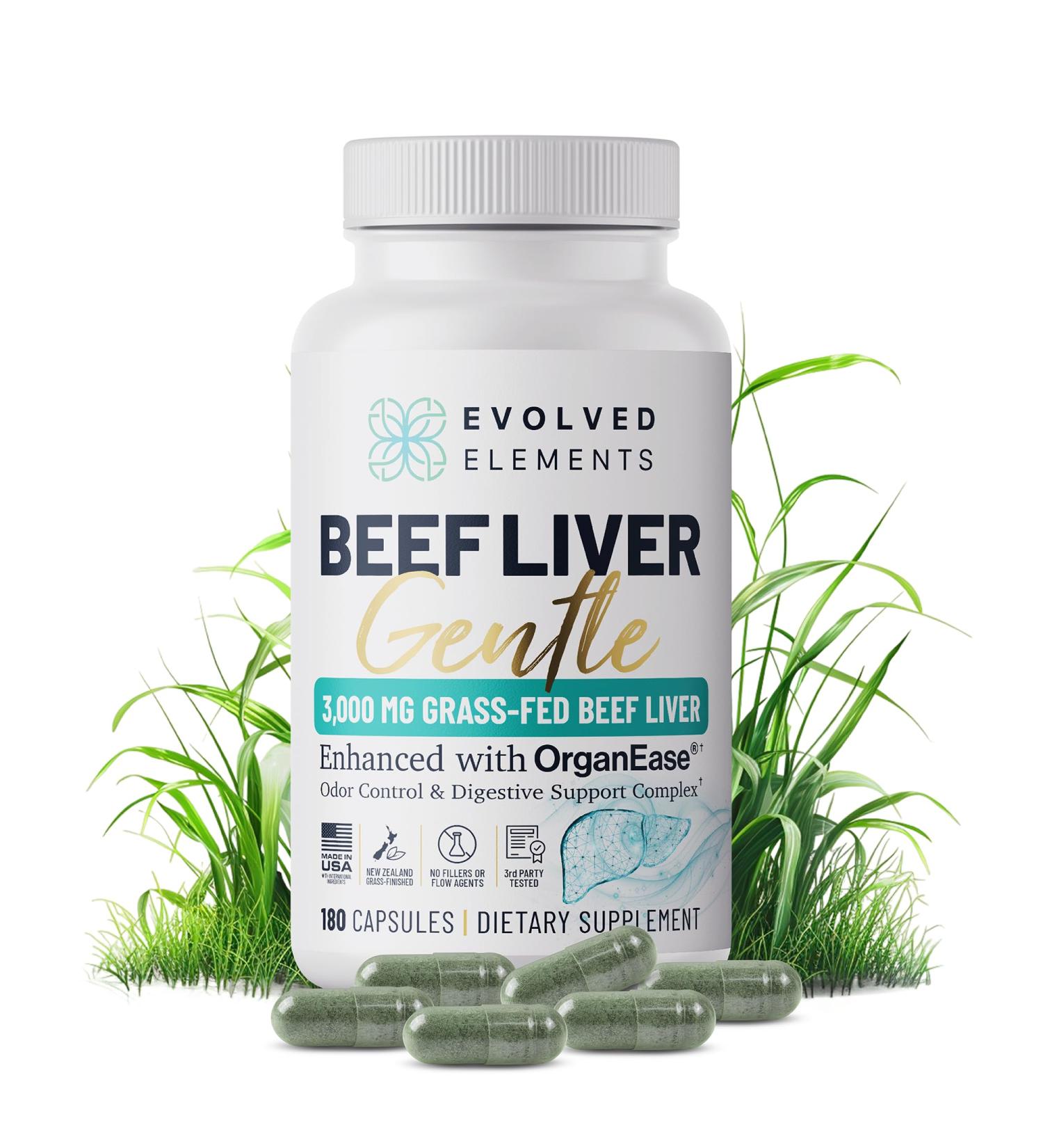 Evolved Elements Beef Liver Gentle New Zealand Grass-Fed Grass-Finished Desiccated Beef Liver Supplement with OrganEase for Odor-Neutral Smooth Digestion Clean Taste 3 000 mg 180 Capsules - Buy Online on GoSupps.com