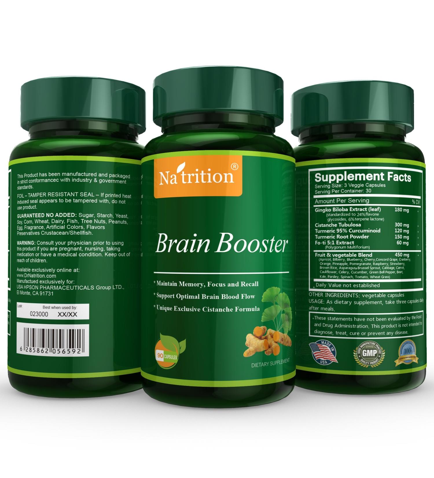Natrition Brain Booster - Ginkgo Biloba Turmeric Cistanche Tubulosa Fo-ti Extract Blend - Natural Antioxidant Support for Brain Function - Clarity Focus and Memory Enhance - 90 Veggie Capsules