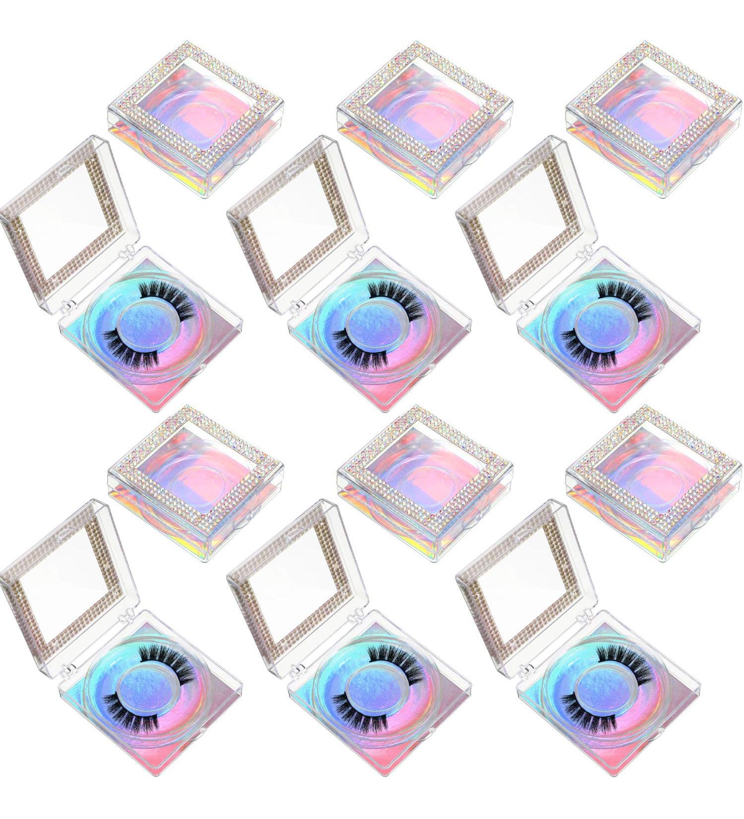 12 Pieces 3D False Eyelashes Packaging Boxes - Rhinestones Square Lash Cases | Glitter Paper & Clear Tray for Eyelash Care - Holographic Design - Buy Online on GoSupps.com