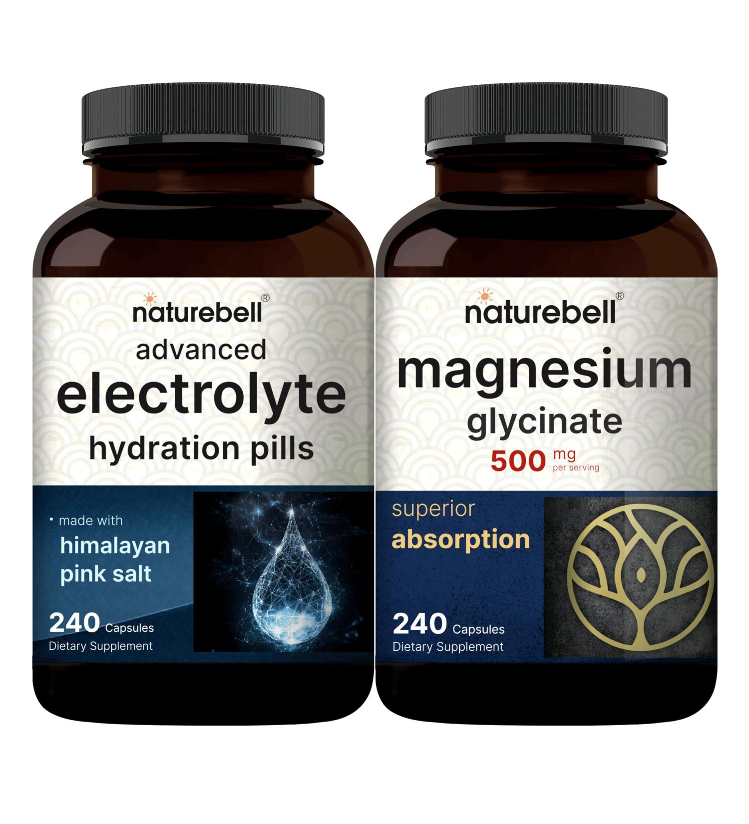 NatureBell Magnesium Glycinate Capsules 500mg & Advanced Electrolyte Hydration Pills Bundle Pack | Chelated & Purified Mineral | Fast Hydrating Keto Electrolytes - Buy Online on GoSupps.com