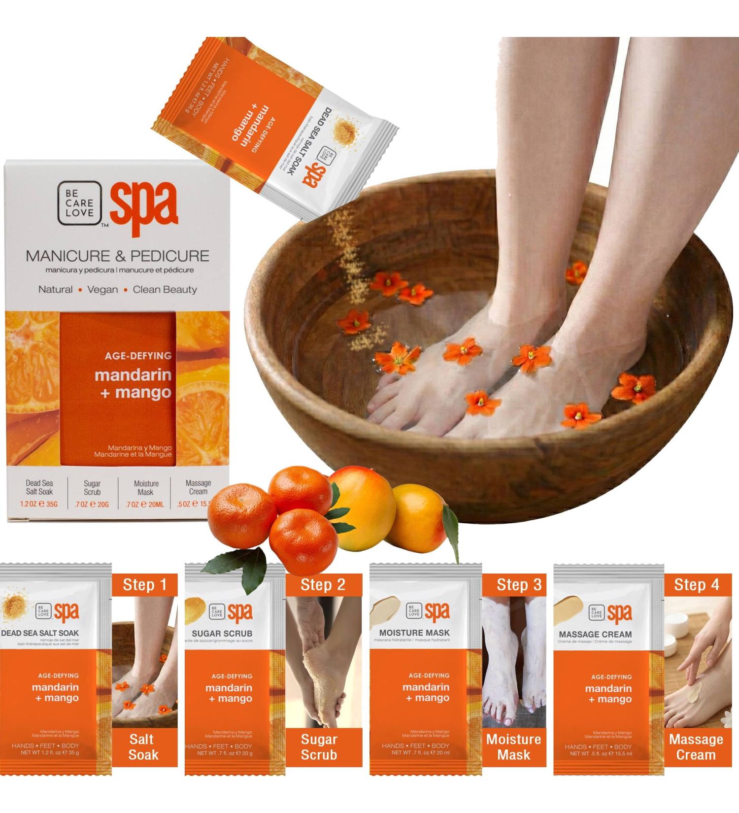 BCL Spa Mandarin + Mango Professional Pedicure Kit Foot Spa Set Exfoliate, Hydrate & Refresh Skin | Dead Sea Salt Soak, Sugar Scrub, Moisture Mask & Massage Cream | Professional & Home Uses Mandarin & Mango 4-in-1 - Buy Online on GoSupps.com