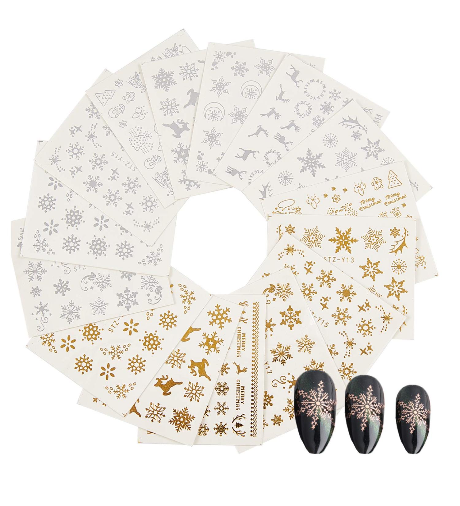 NICENEEDED 15 Sheets Christmas Theme Nail Art Stickers Water Transfer Stickers Nail Art Decals With Tweezer Plastic Cuticle Pusher Scissors For DIY Nail Decoration(Style 3) - Buy Online on GoSupps.com