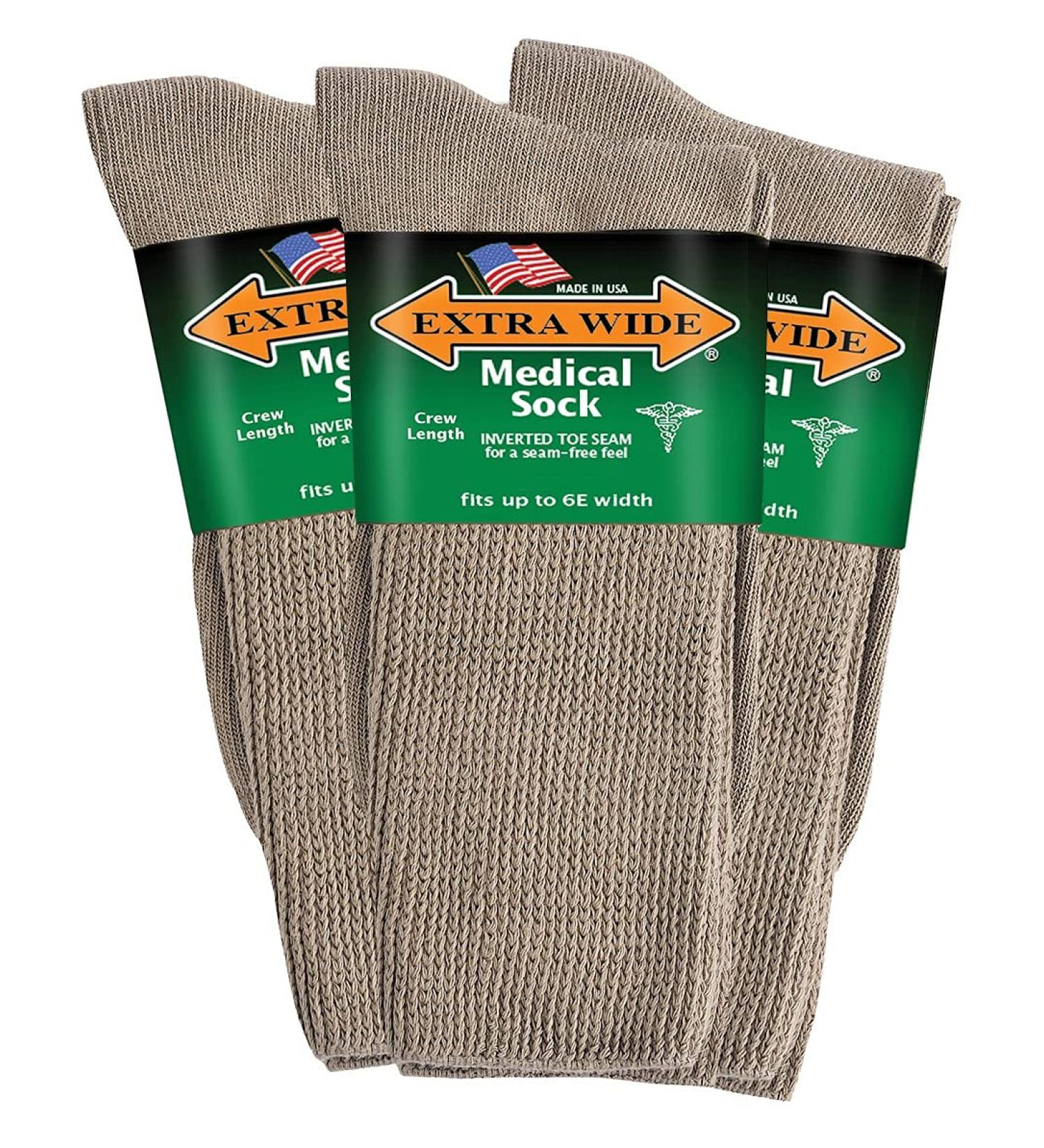 Extra Wide Unisex Medical Mid Calf Crew Socks 3PK | Up to 6E | Made in USA | Antimicrobial | Tan - Buy Online on GoSupps.com