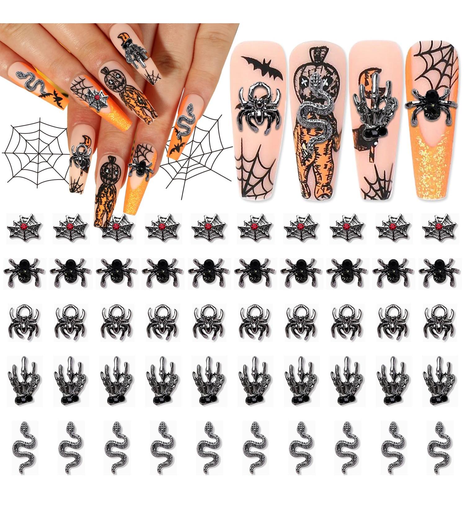 WOKOTO 50pcs 3D Black Metal Nail Charms - Halloween Acrylic Nails Jewelry Spider Snake & Skull Designs for Women & Girls - Nail Art Accessories Kit - Buy Online on GoSupps.com