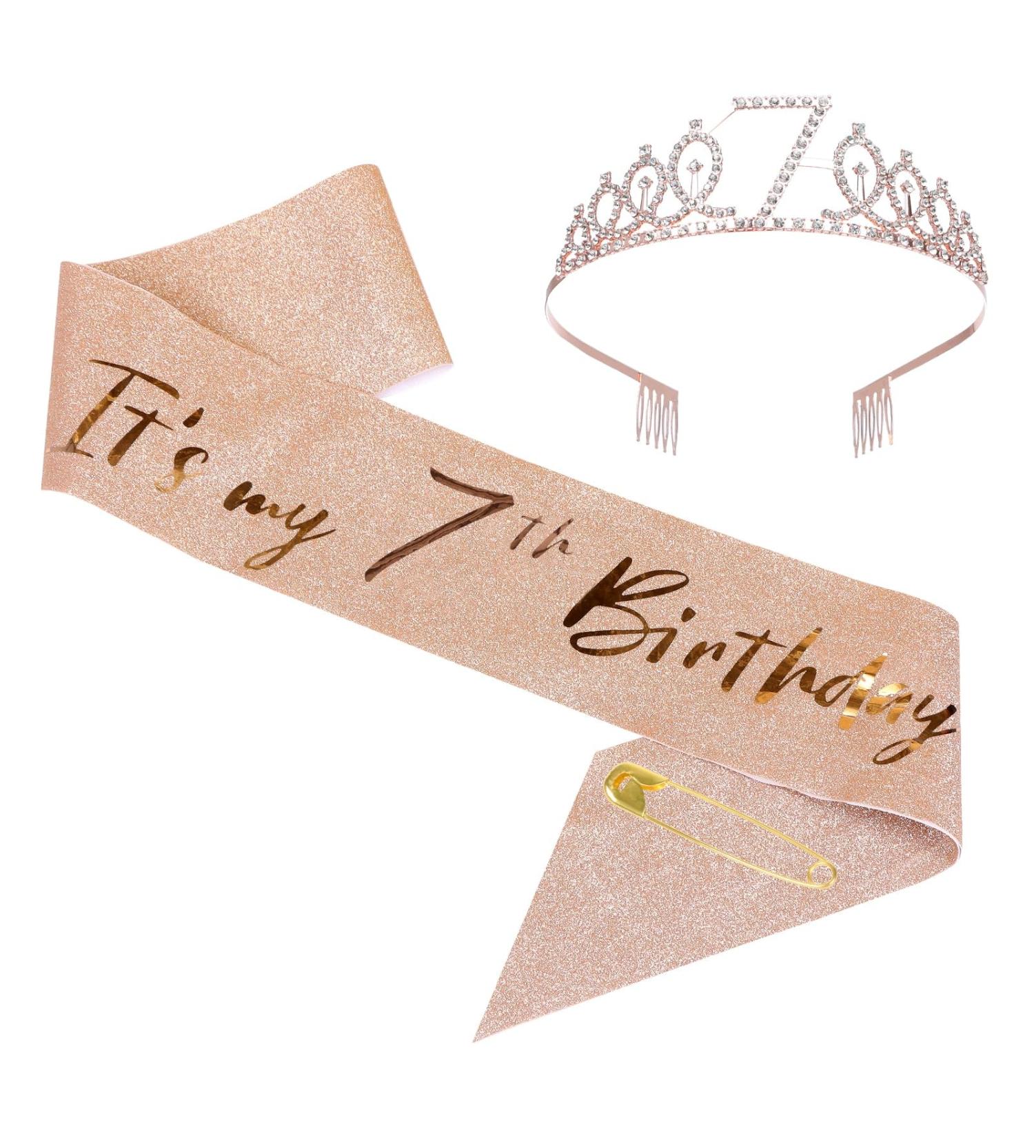 7th Birthday Sash and Tiara Set Rose Gold Birthday Sash Crown Birthday Party Favors Supplies for Girls Birthday Party - Buy Online on GoSupps.com