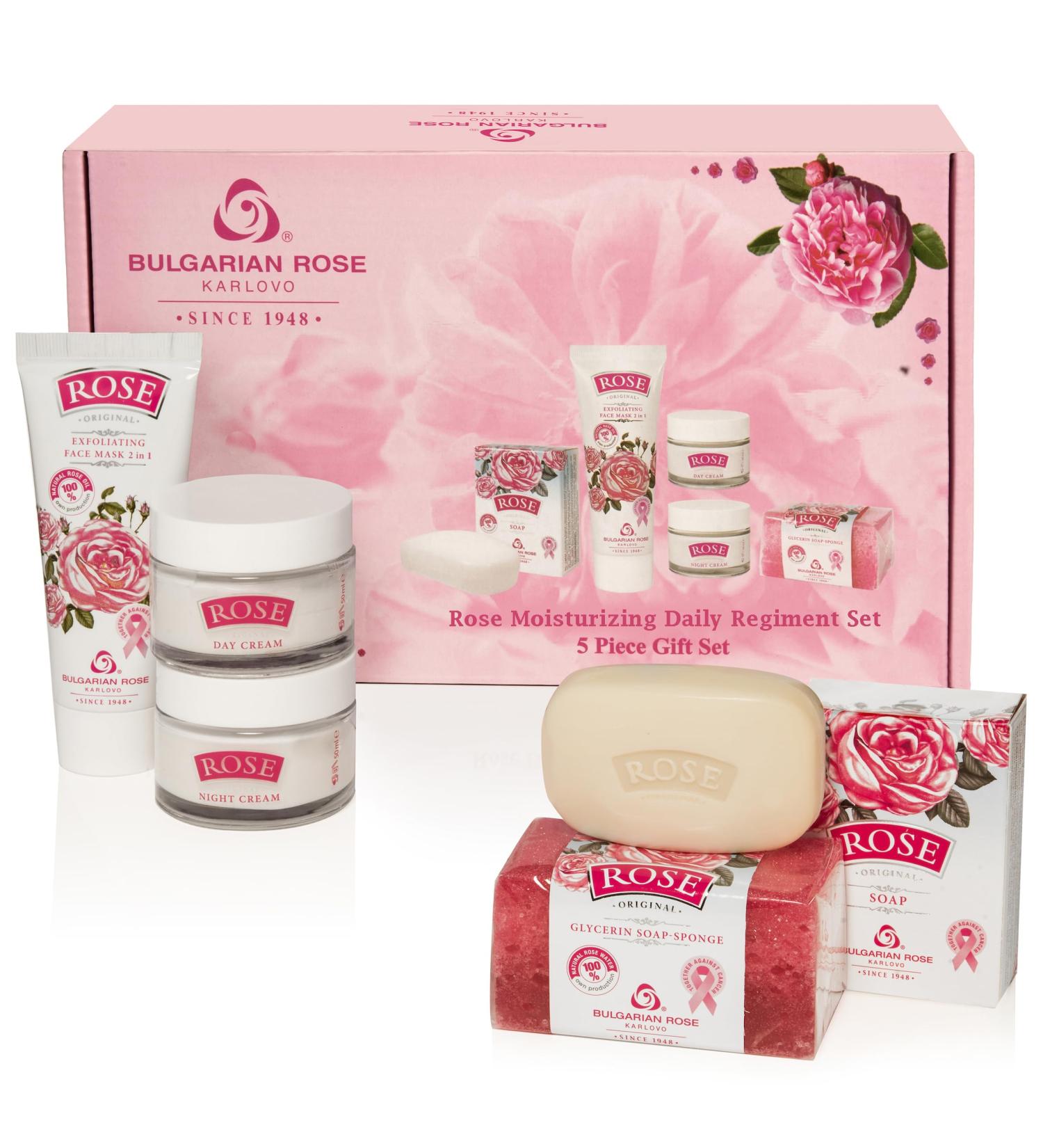 Buy Bulgarian Rose Moisturizing 5 Piece Gift Set - Day Cream Night Cream Exfoliating Mask Soap & Sponge - Perfect for Glowing Skin - Buy Online on GoSupps.com