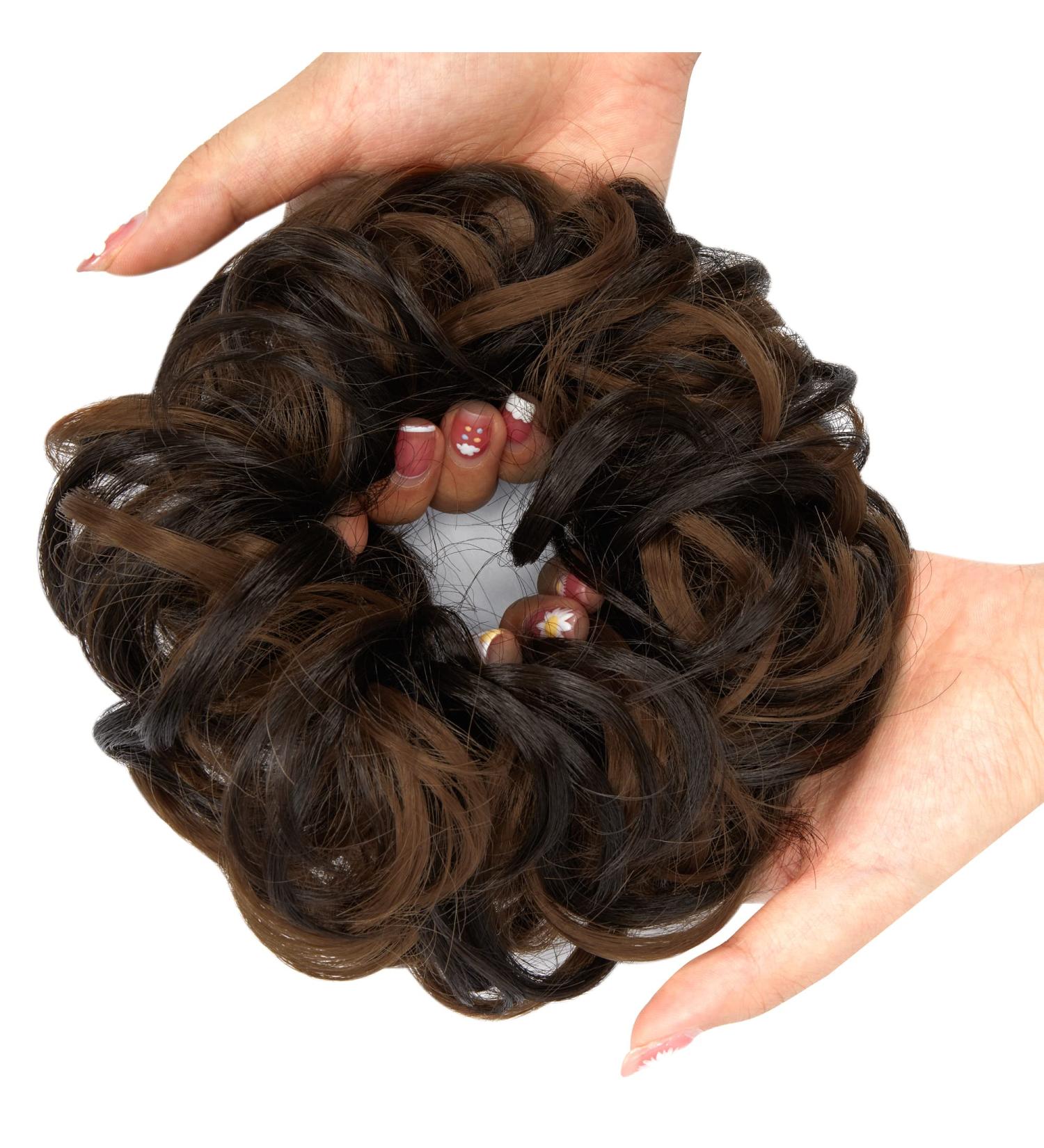 Curly Wavy Messy Bun Hair Scrunchie Extension in Dark Brown Mix Light Auburn - Hairpiece for Women/Girls - Buy Online on GoSupps.com
