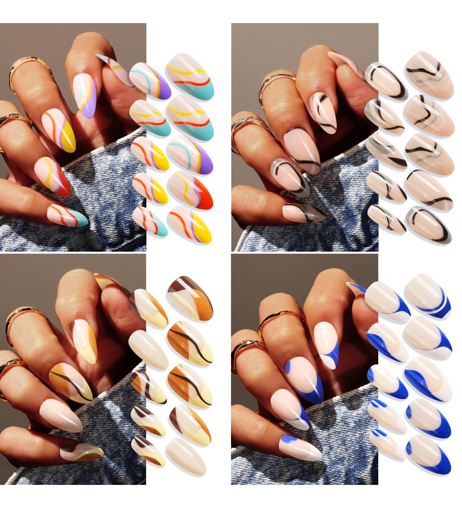 96Pcs Medium YGDZ Press On Nails - 4 Packs Short Almond Fake Nails with Nail Glue | Glossy Full Cover False Nails Set - French, Colorful & Reusable Designs for Women and Girls - Buy Online on GoSupps.com
