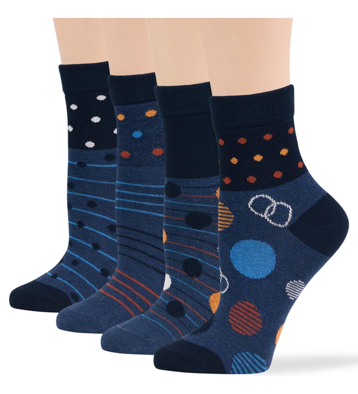 Women's Cotton Diabetic Quarter Socks 4 Pack - Fashionable Polka Dot & Stripe - Size 10-12 Shoe Size 8-12 - Dark Navy Indigo Blue Orange - Buy Online on GoSupps.com