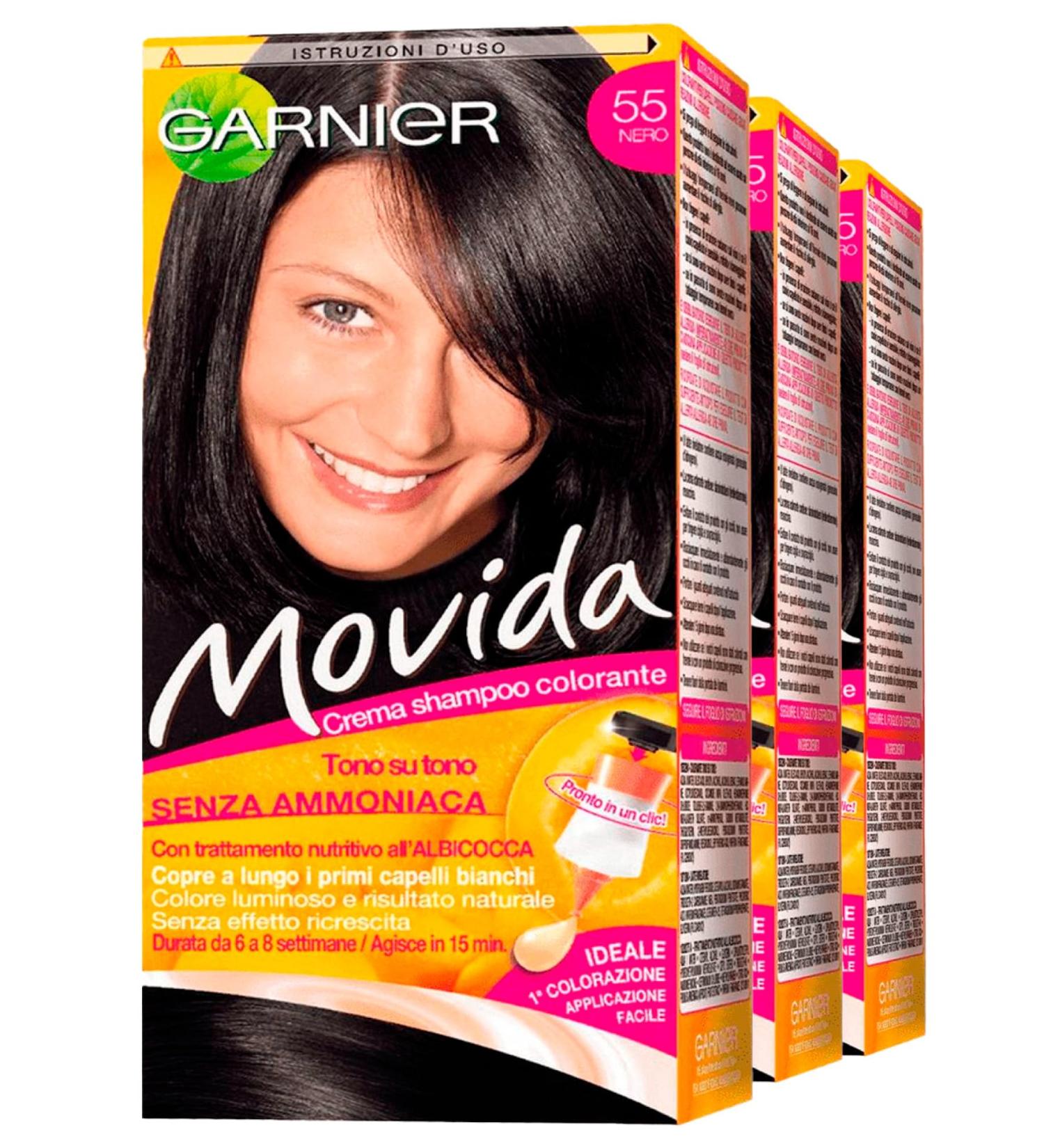 Garnier Movida Semi Permanent Hair Dye Cream Colouring Shampoo Tone on Tone Colour 55 Black Ammonia Free Avoids Regrowth Effect Acts in 15 Minutes - 3 Treatments 3x 55 Black