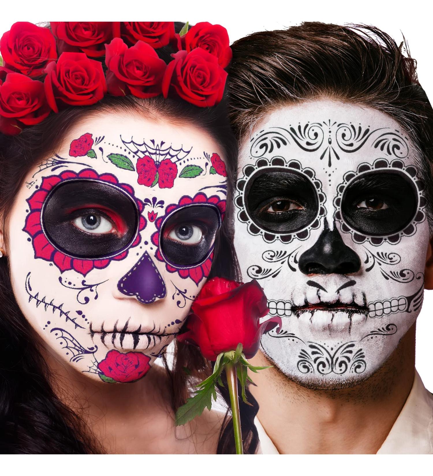 Day of the Dead Face Tattoos - 10 Sheet Halloween Temporary Tattoo Kit with Sugar Skull Design and Glitter Red Roses for Face and Body Makeup - Buy Online on GoSupps.com