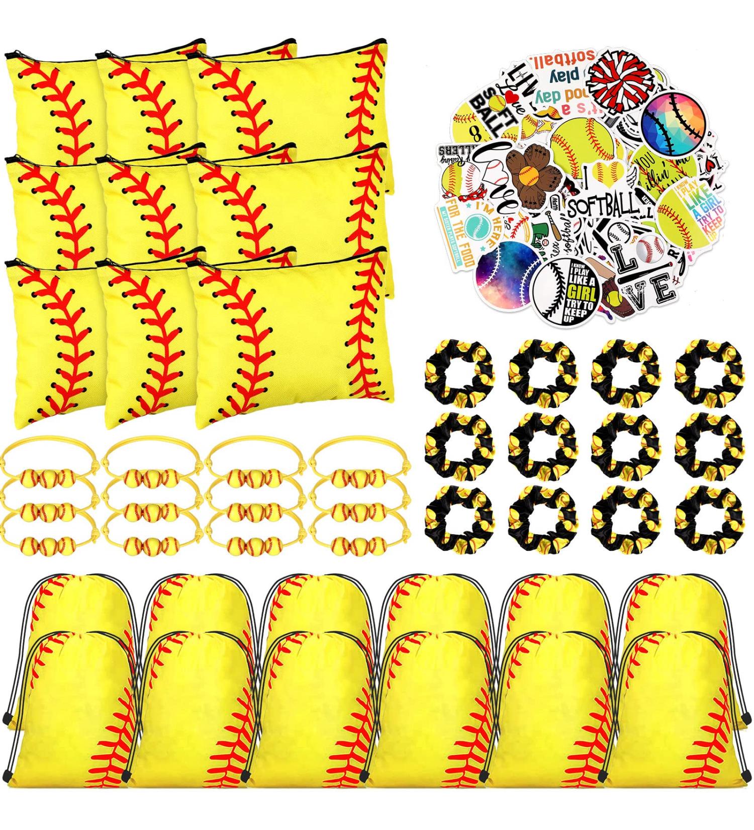 148 Pcs Softball Gifts for Girls - Party Favors Set with Drawstring Backpack, Cosmetic Bag, Scrunchies, Hair Bracelets, Stickers - Perfect for Softball Birthday Decorations - Buy Online on GoSupps.com