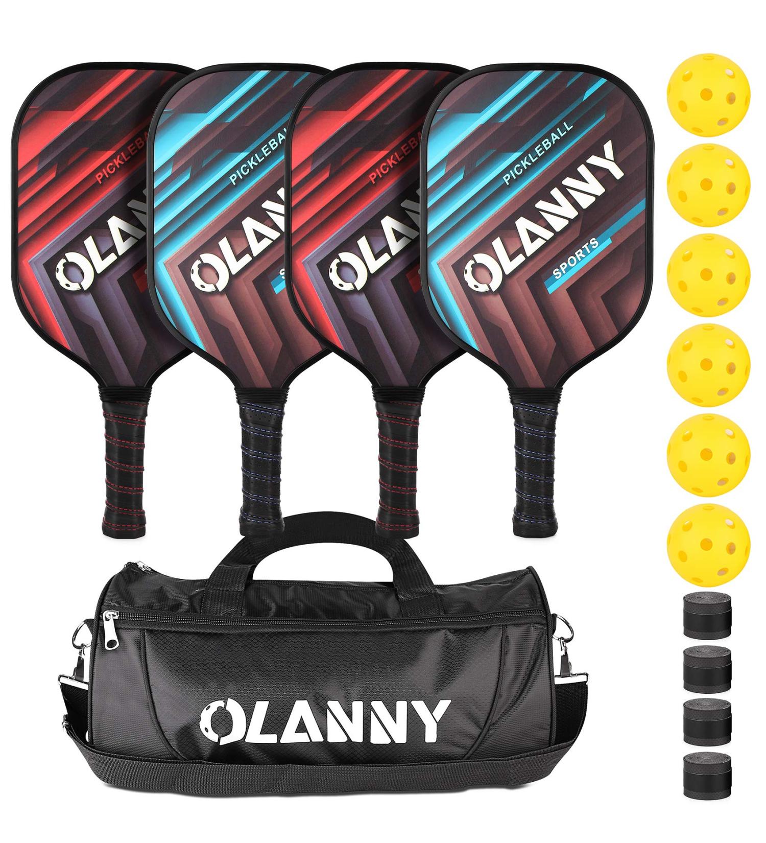 OLANNY Graphite Pickleball Paddles 4 Pack - Premium Rackets Fiber Face & Polymer Core Set with Balls, Grips, and Bag - Buy Online on GoSupps.com