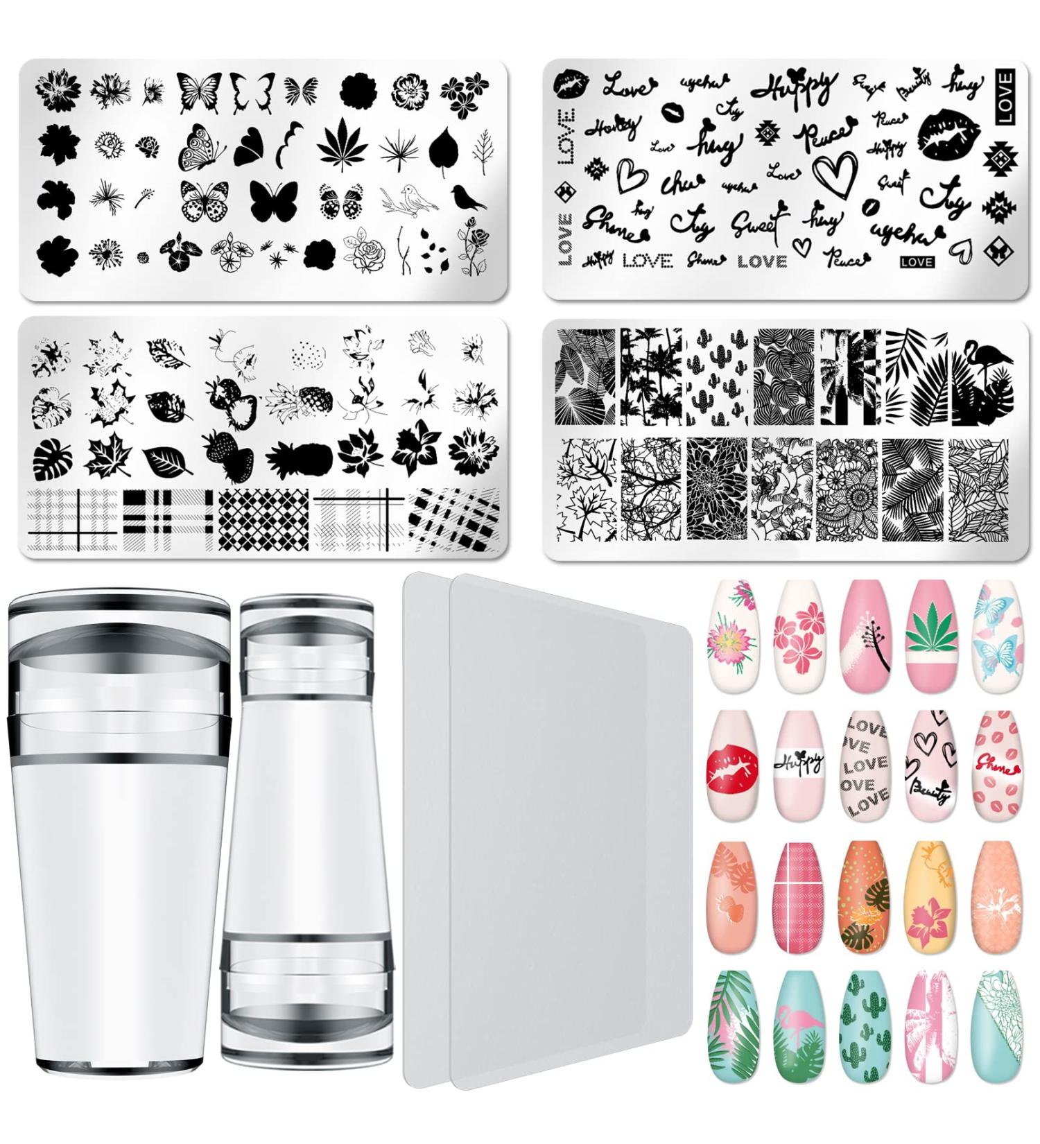Nail Art Stamping Kit with French Tip Stampers, Scrapers, Templates, and Decorations - Flowers, Leaves, Love - Buy Online on GoSupps.com