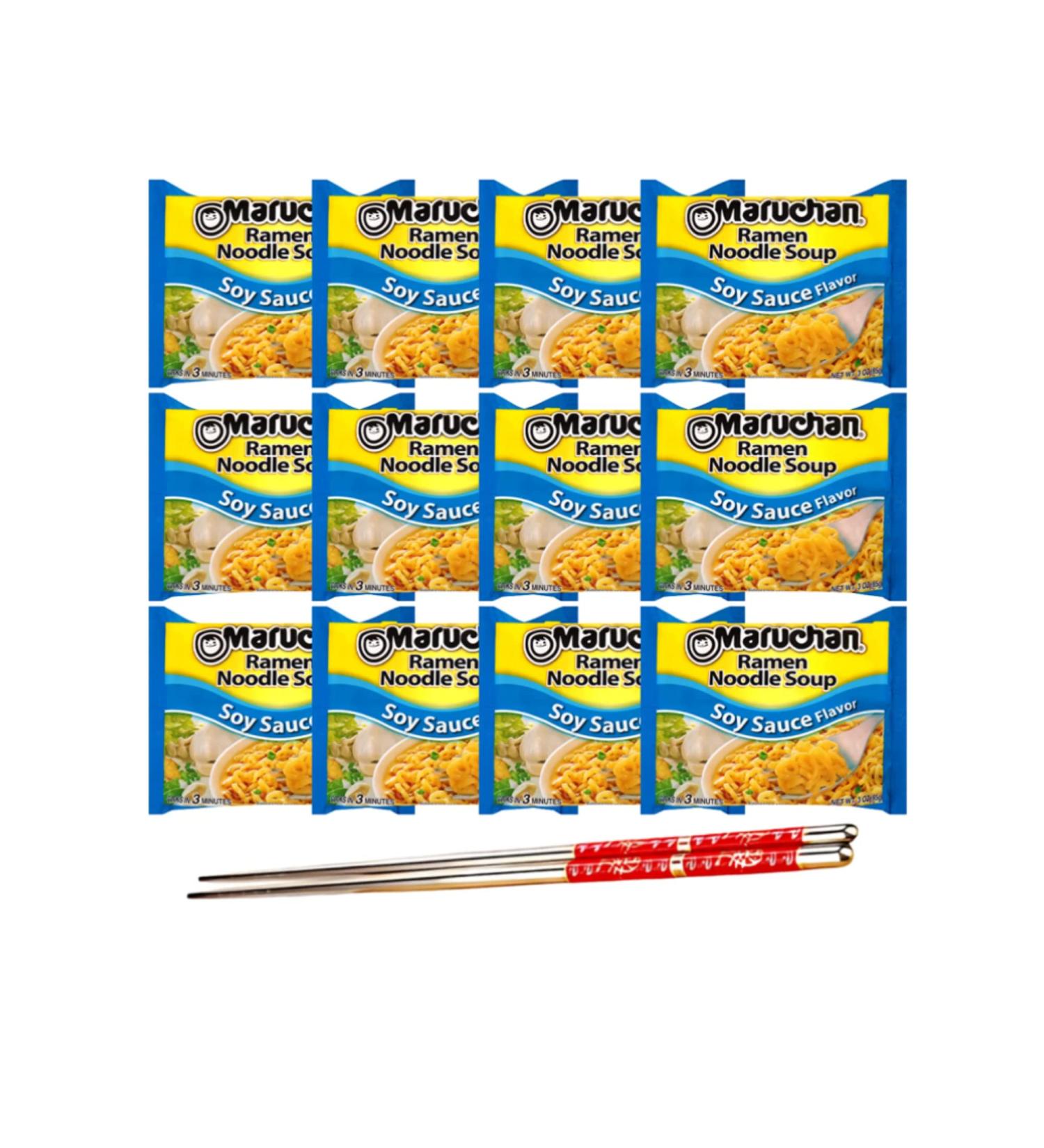 Ja Cor Instant Ramen Noodle Soup Soy Sauce Flavor Noodles 3 oz Bulk Pack Bundle with 1-Set of Reusable Stainless Steel Chopsticks (12 Individual Packs) - Buy Online on GoSupps.com