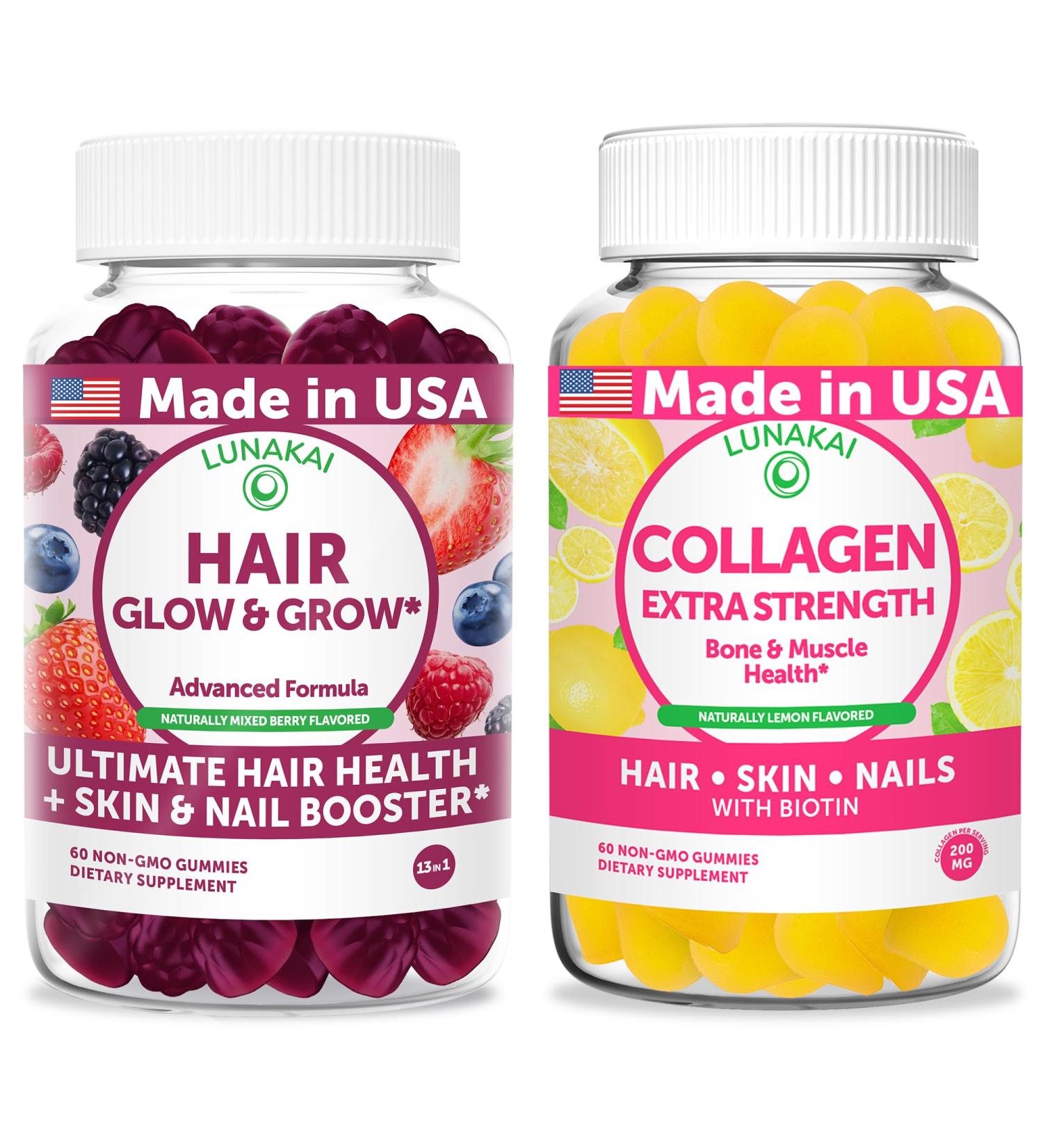 Lunakai USA Made Hair Glow & Grow + Collagen Extra Strength Gummies Bundle Naturally Flavored Non-GMO 60ct Each - Buy Online on GoSupps.com