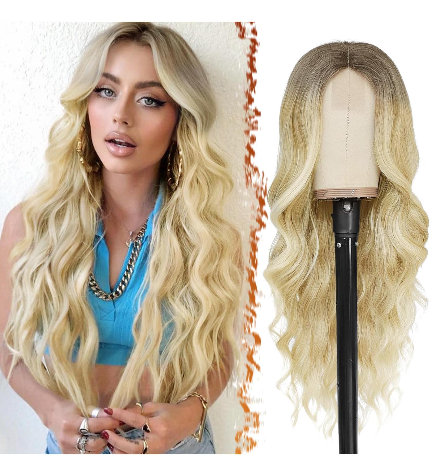 BARSDAR Long Wavy Blonde Wig - 66cm Lace Front Synthetic Hair for Women | Ombre Platinum Blonde Daily & Halloween - Buy Online on GoSupps.com