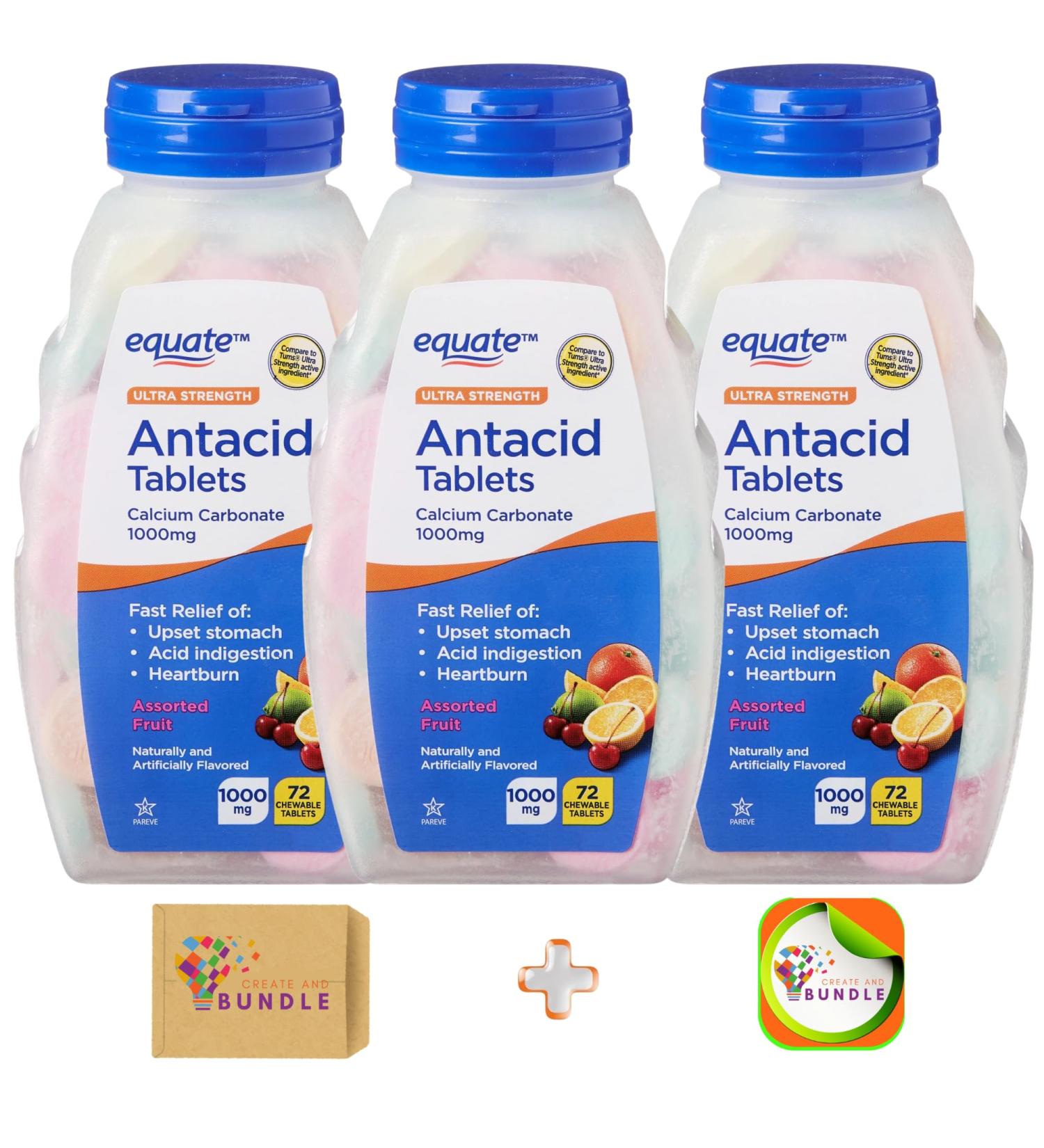 Equate Ultra Strength Antacid Chewable Fruit Tablets Over The Counter 1000 mg 72 Ct (Pack of 3) Total 216 Count + Createandbundle Sticker - Buy Online on GoSupps.com