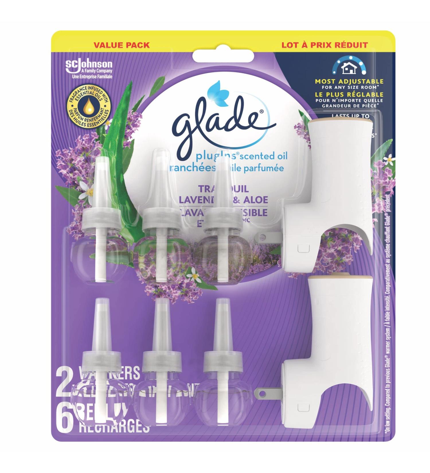 Glade PlugIns Air Freshener Kit Scented and Essential Oils for Bathroom and Home Fragrance Tranquil Lavender and Aloe 2 Warmers and 6 Fragrance Oil Refills Lavender & Aloe 118.89 ml (Pack of 1) - Buy Online on GoSupps.com