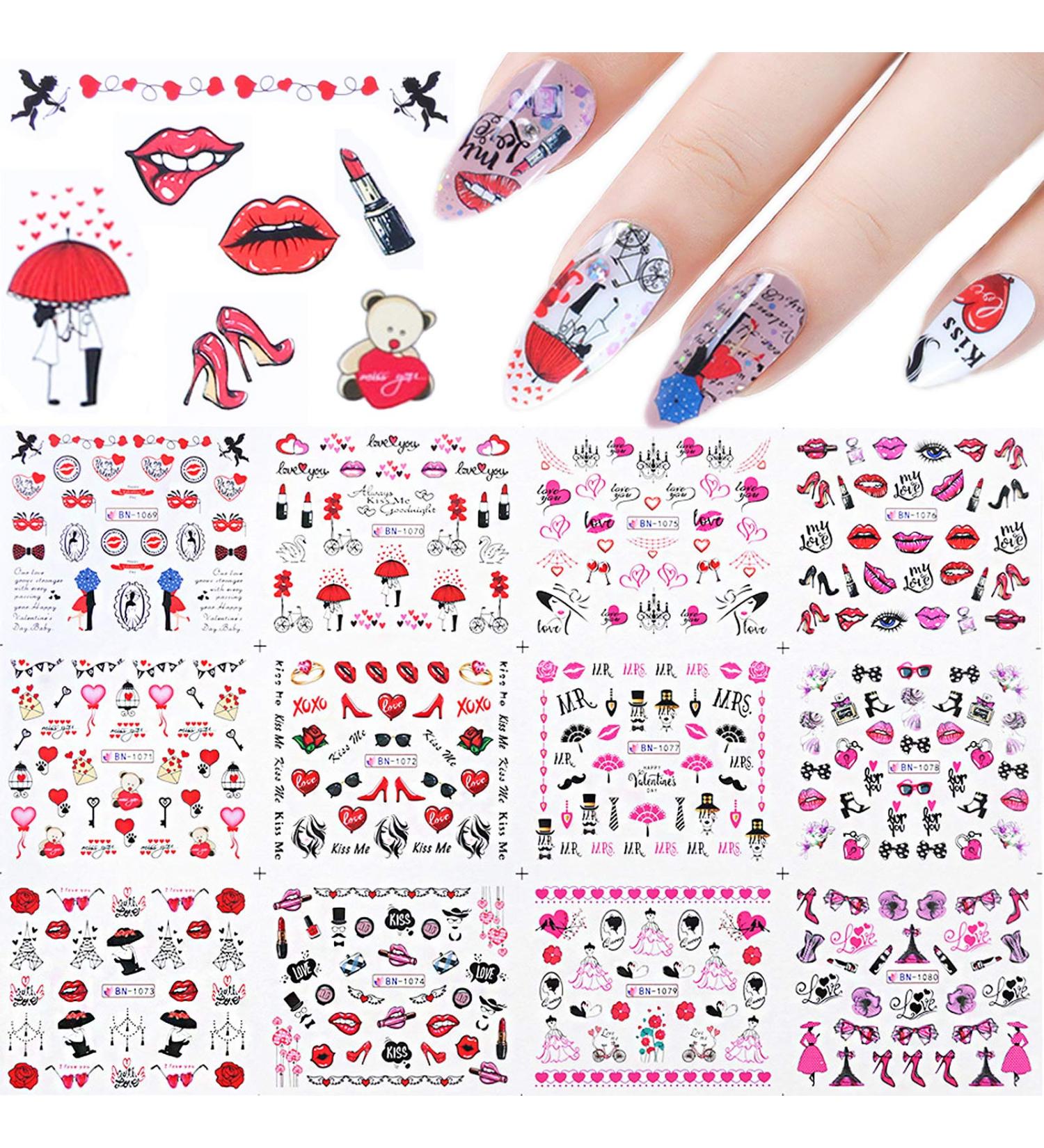 12 Sheets Nail Stickers Kalolary Water Transfer Nail Art Sticker Decals Lips Women Girl Colorful Slider for Dating Decor Manicure Nail Art Decorations - Buy Online on GoSupps.com