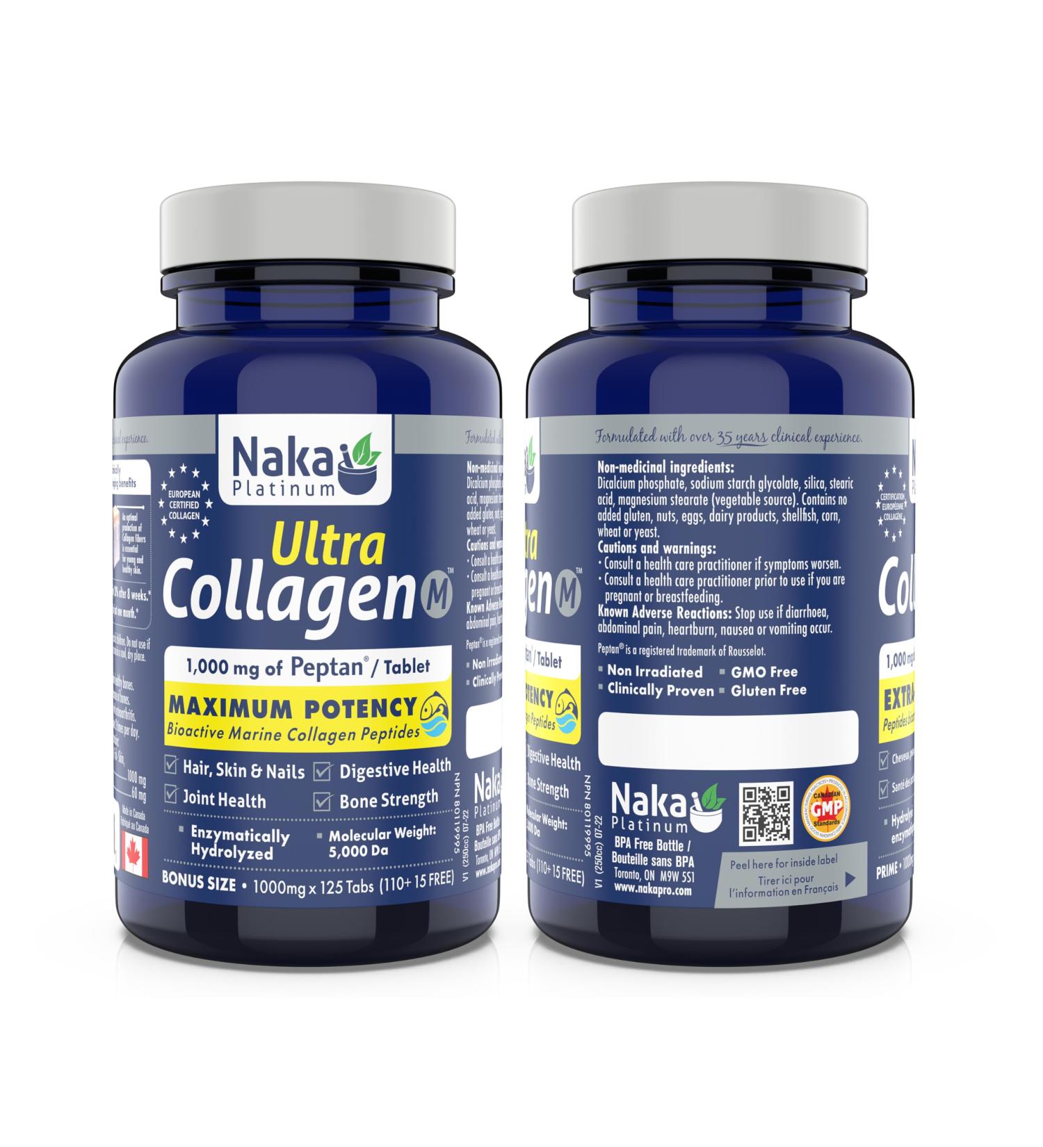 Naka Platinum Ultra Collagen featuring 1000mg of Peptain each tablet Maximum Potency Bioactive Marine Collagen Peptides. For Skin Nails Bones and Joints (125 tabs) - Buy Online on GoSupps.com