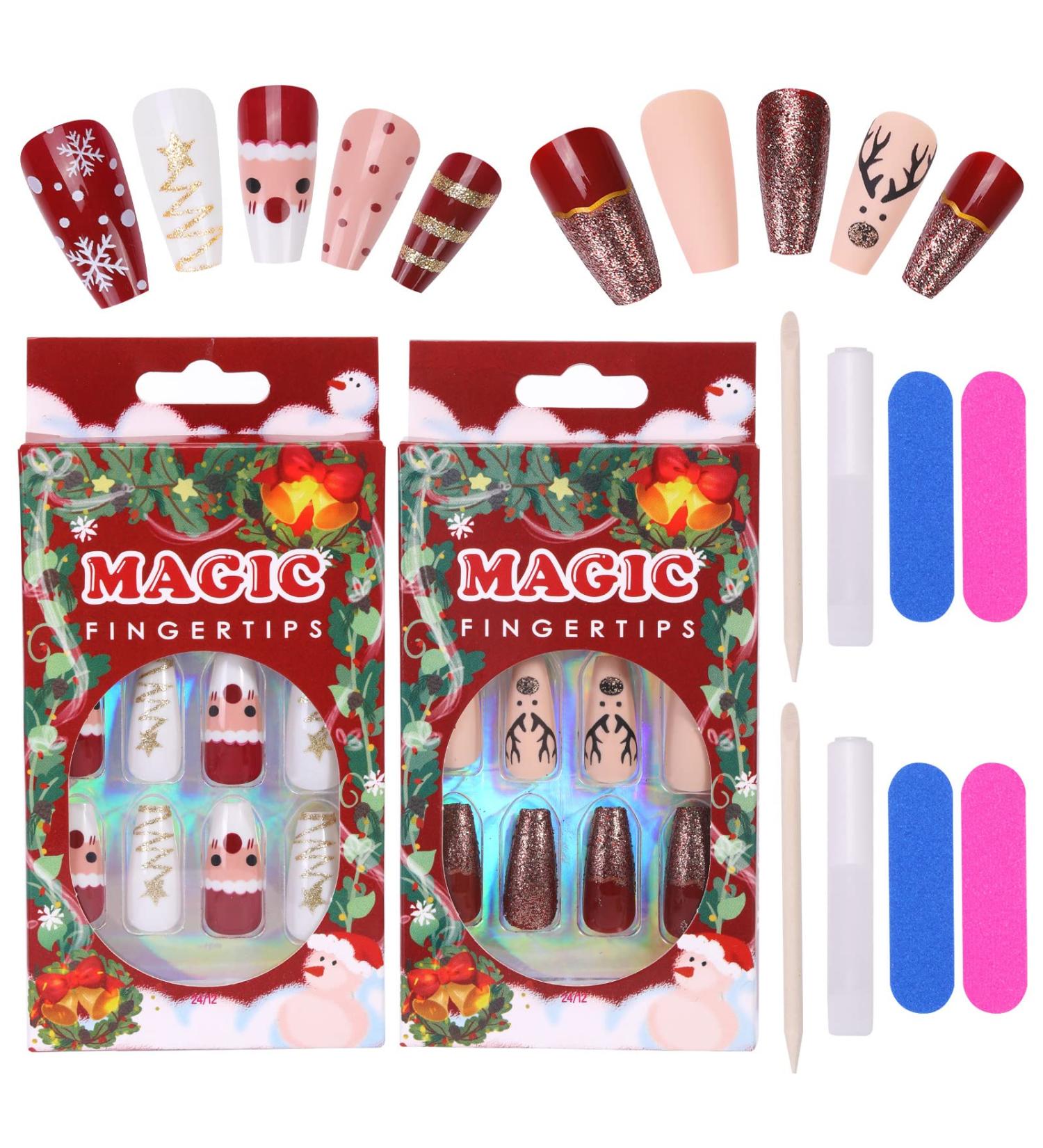 MELLIEX Christmas Fake Nails Artificial Full Cover Press on Nails 48 Pieces Xmas Coffin False Nail Tips Santa Claus Snowflake Elk Nail Art Decorations with Nail Glue and Nail Files - Buy Online on GoSupps.com